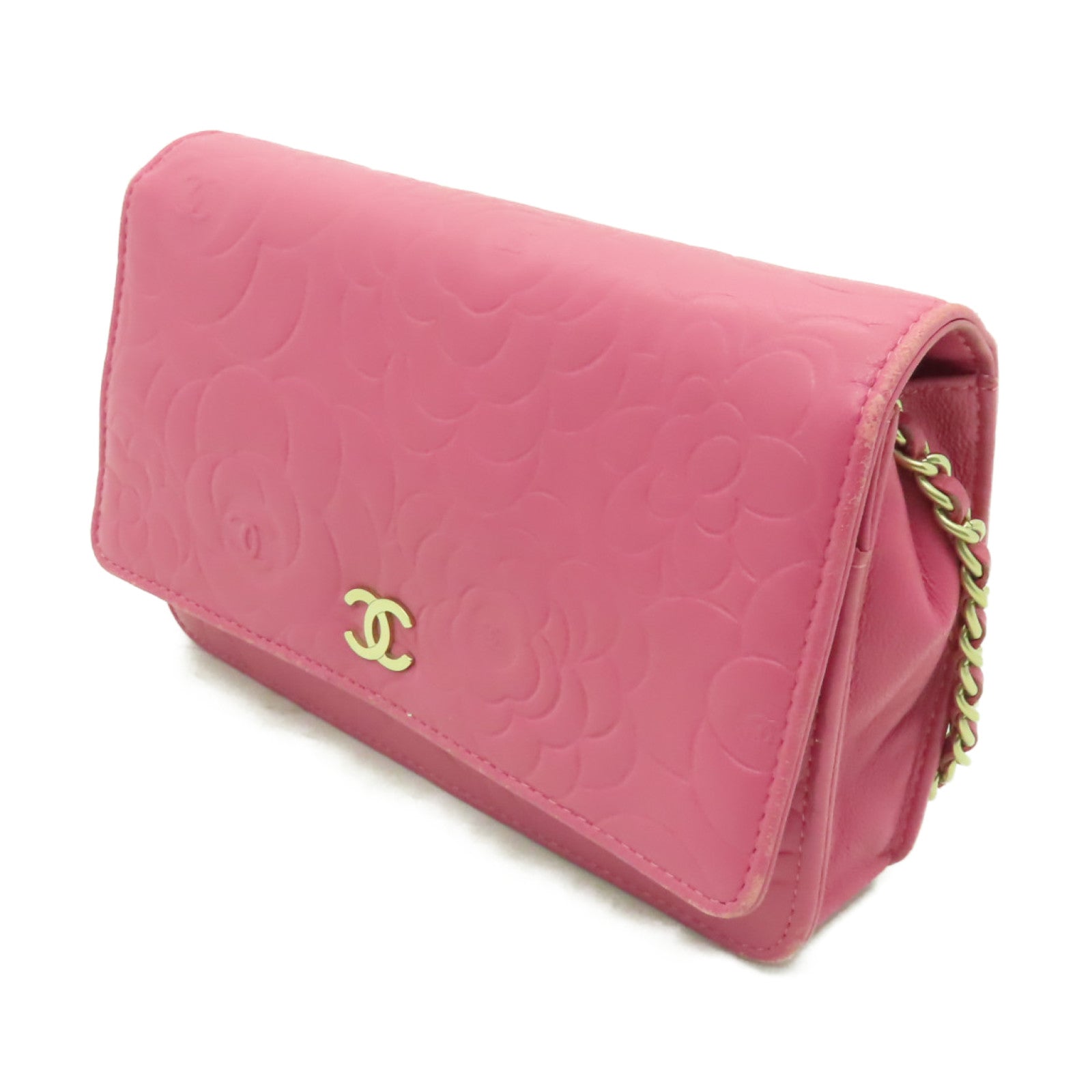 CHANEL 羊皮皮革Camelia WOC金扣鏈帶肩背袋粉紅色