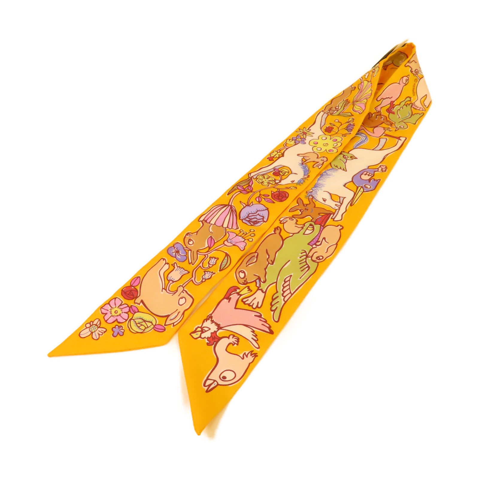 HERMES 絲質Twilly絲巾橙黄色/彩色