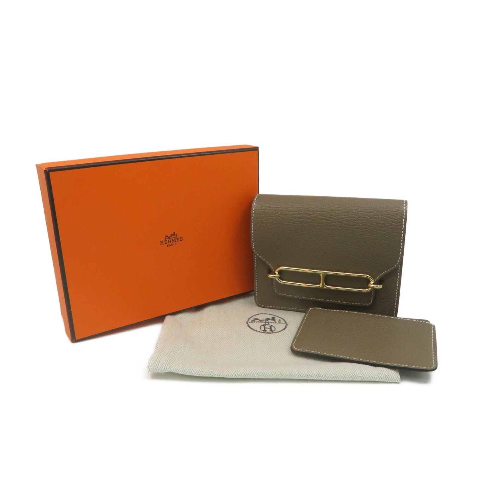 HERMES Chevre皮革金扣Roulis slim wallet钱包啡色