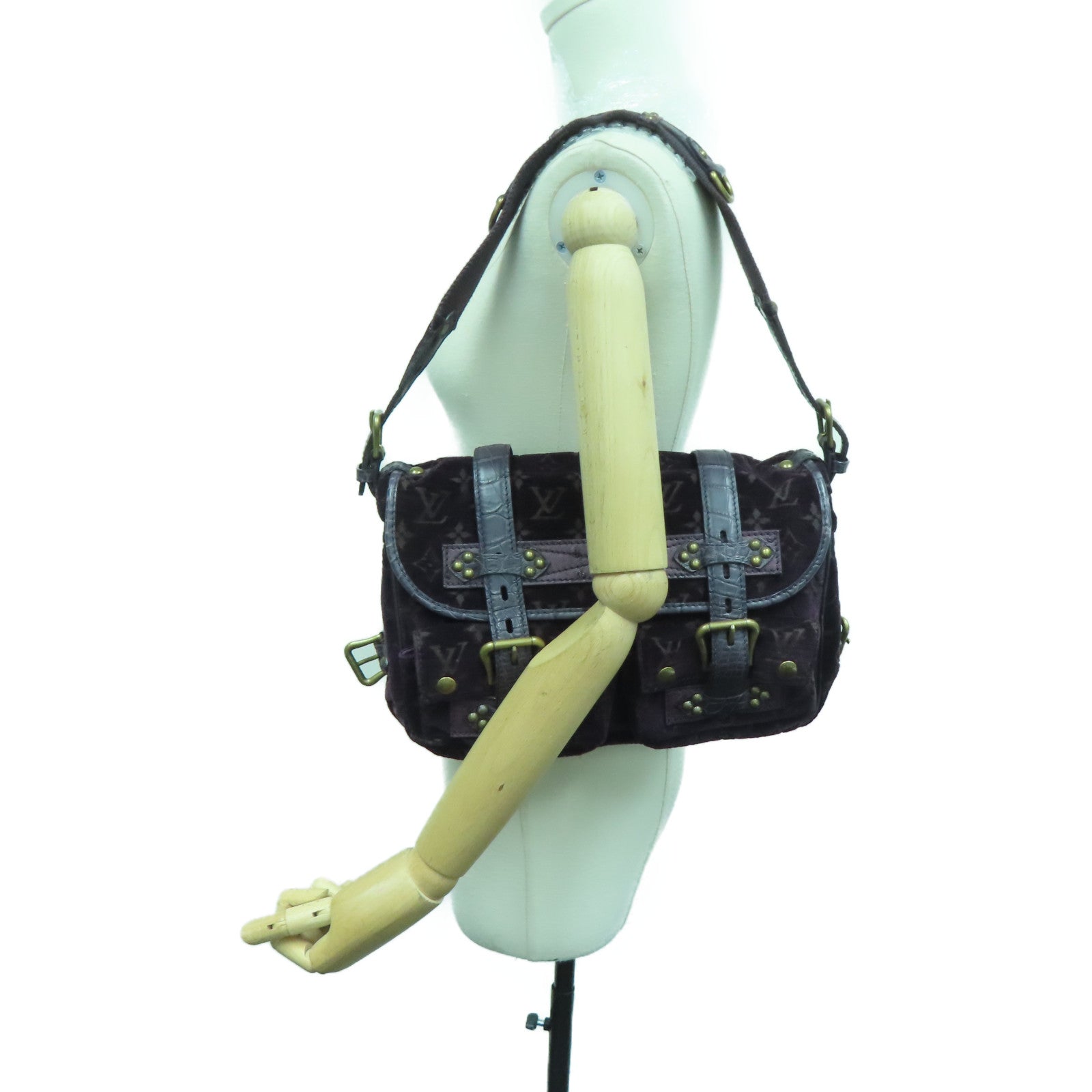 LOUIS VUITTON [Sharp discount] velvet / crocodile / ostrich leather Llyde Mon Shoulder gold buckle shoulder bag purple