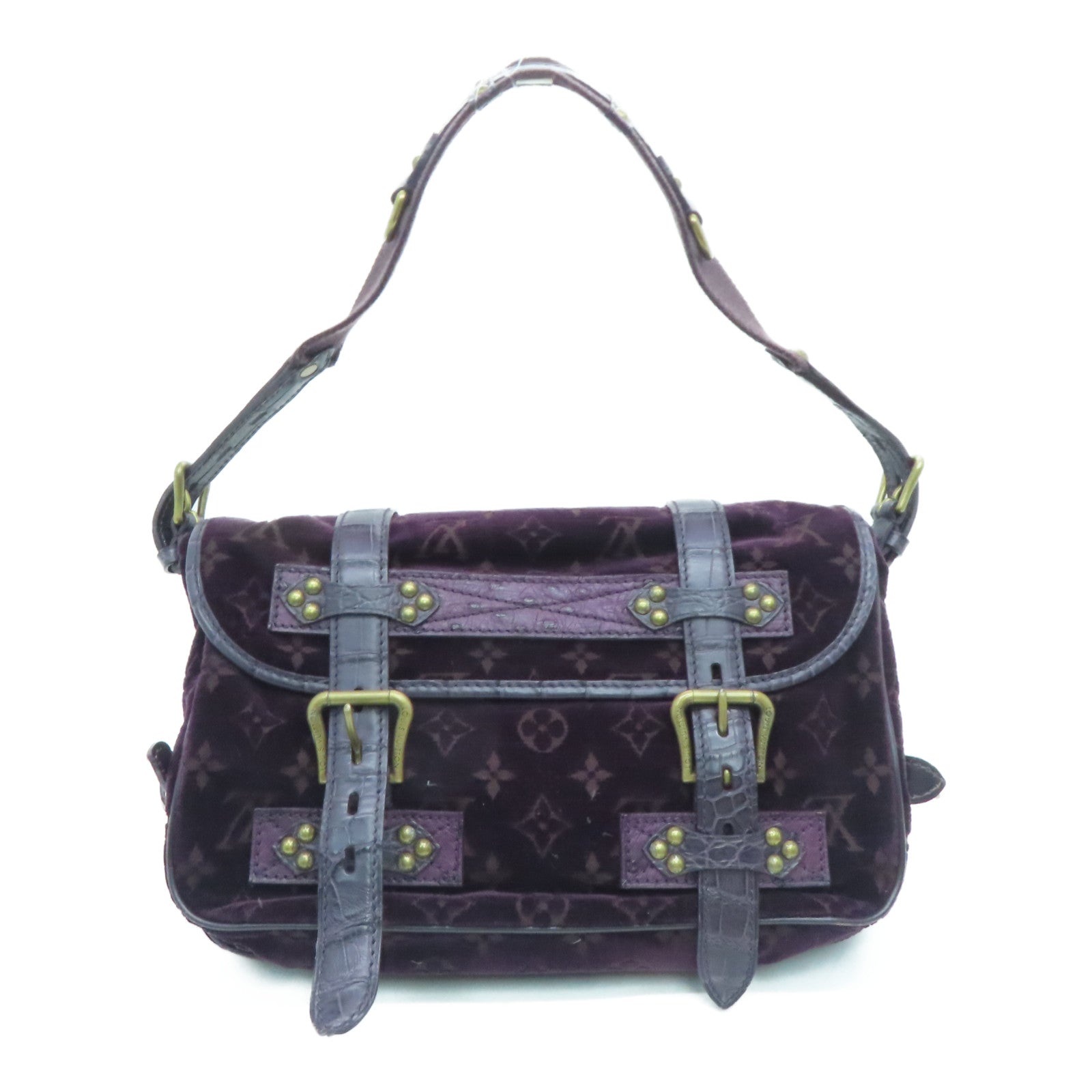 LOUIS VUITTON [Sharp discount] velvet / crocodile / ostrich leather Llyde Mon Shoulder gold buckle shoulder bag purple