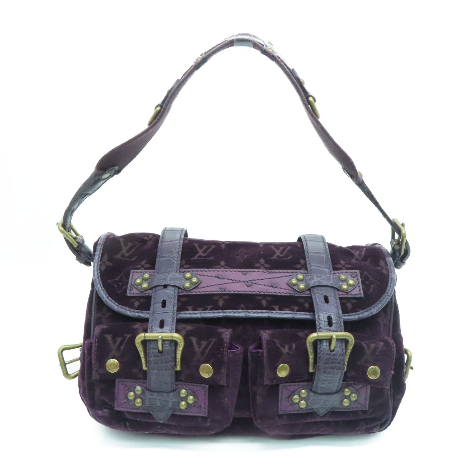 LOUIS VUITTON [Sharp discount] velvet / crocodile / ostrich leather Llyde Mon Shoulder gold buckle shoulder bag purple