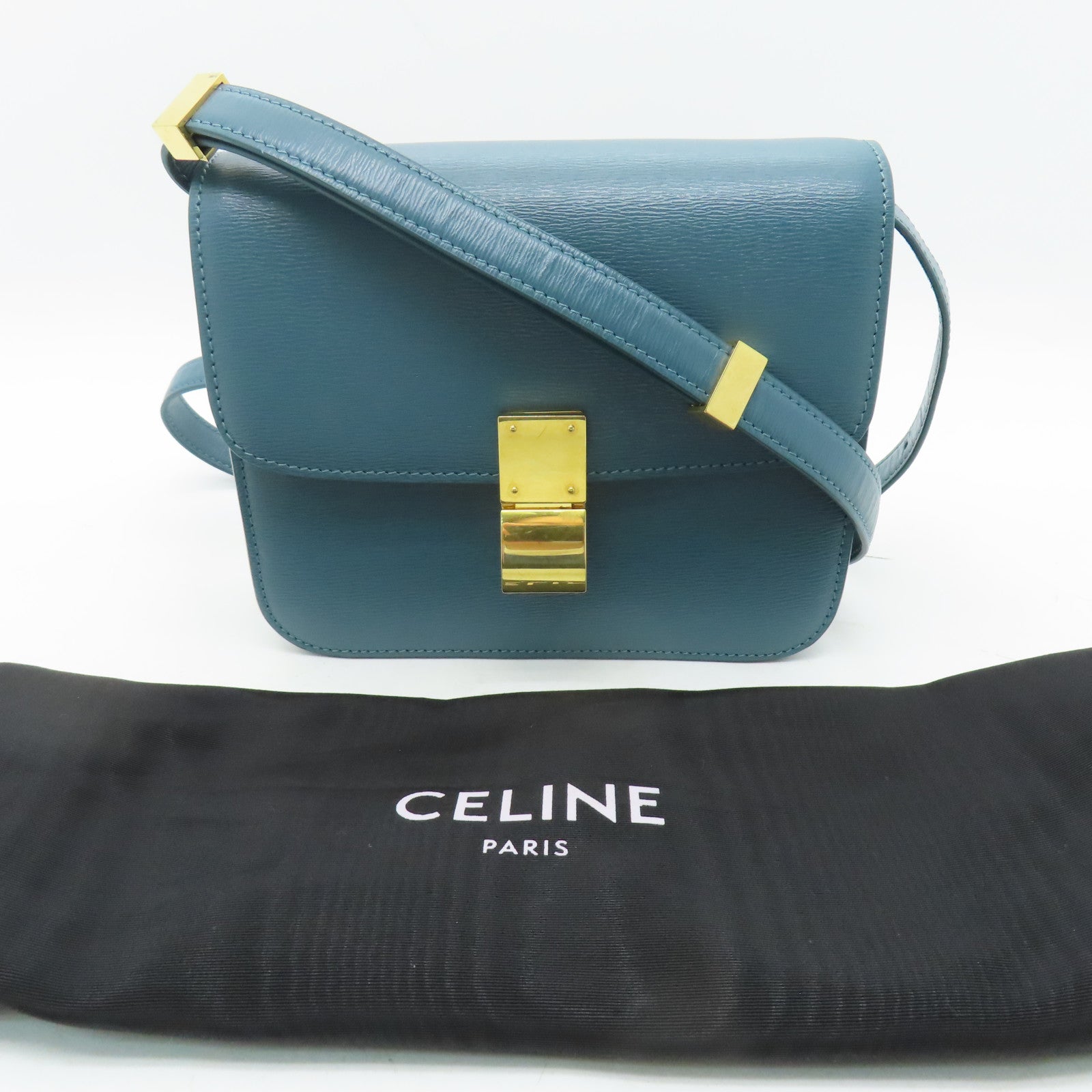 CELINE 牛皮皮革Classic Box金扣肩背袋藍綠色
