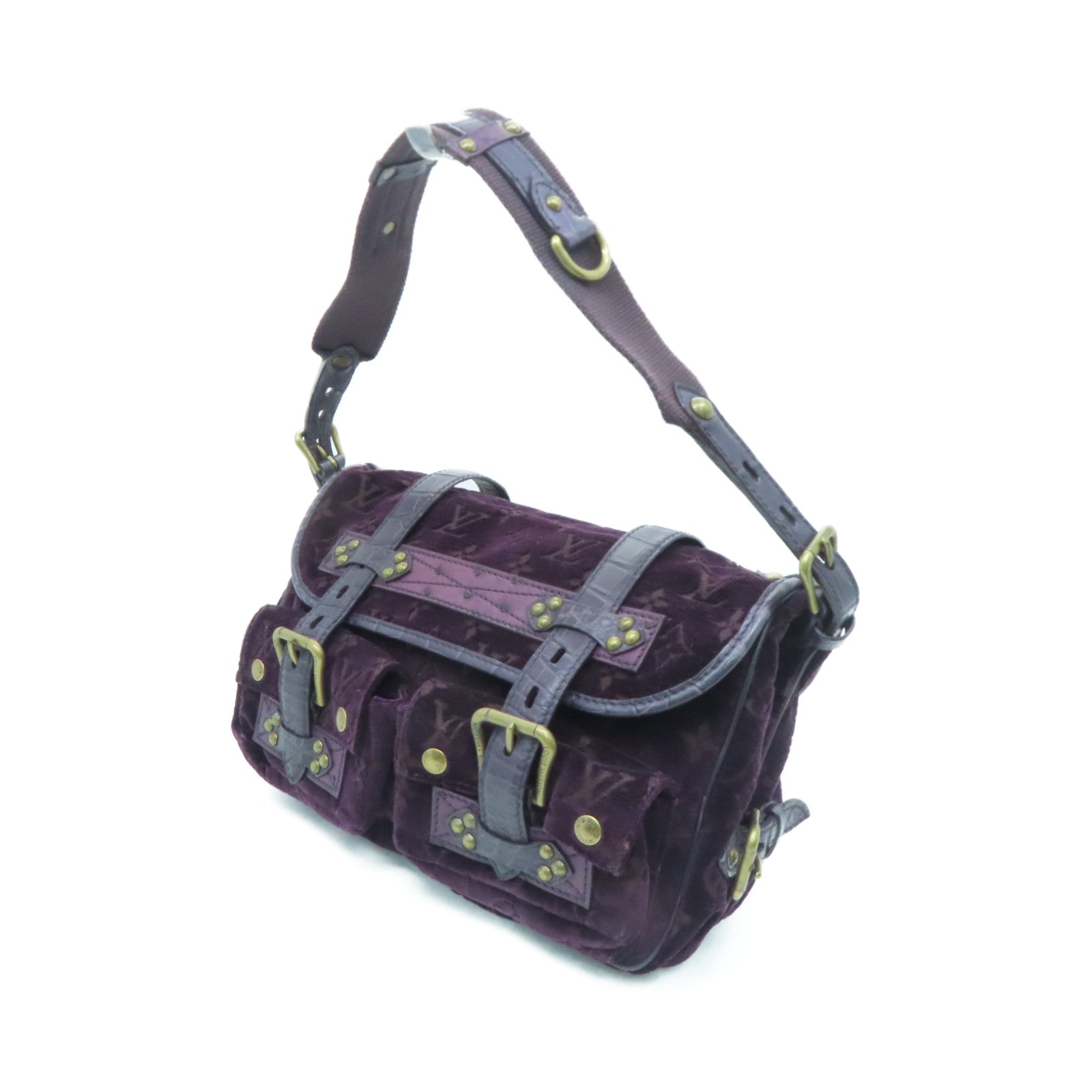 LOUIS VUITTON [Sharp discount] velvet / crocodile / ostrich leather Llyde Mon Shoulder gold buckle shoulder bag purple