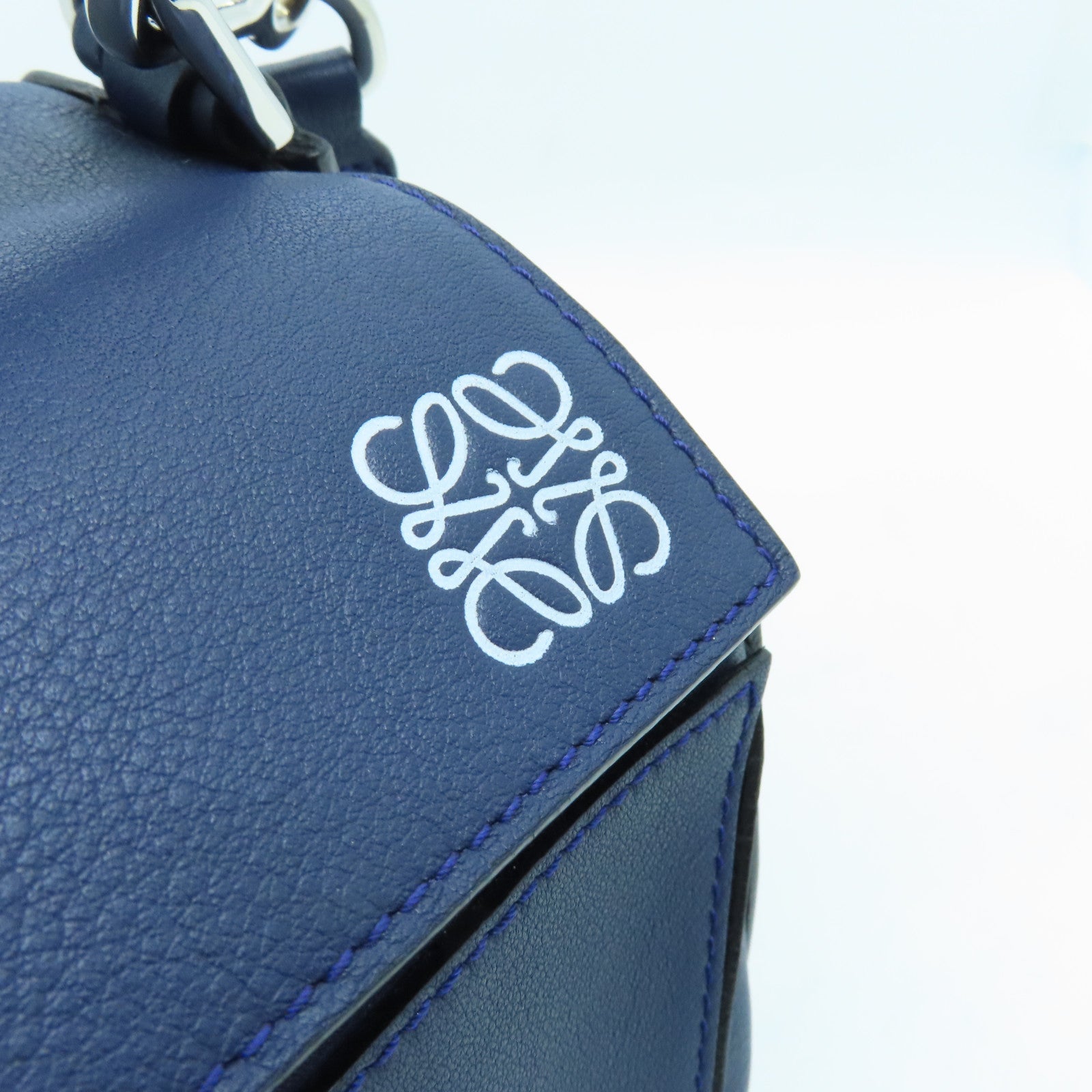 LOEWE cowhide leather Puzzle Bag silver buckle handle shoulder bag blue