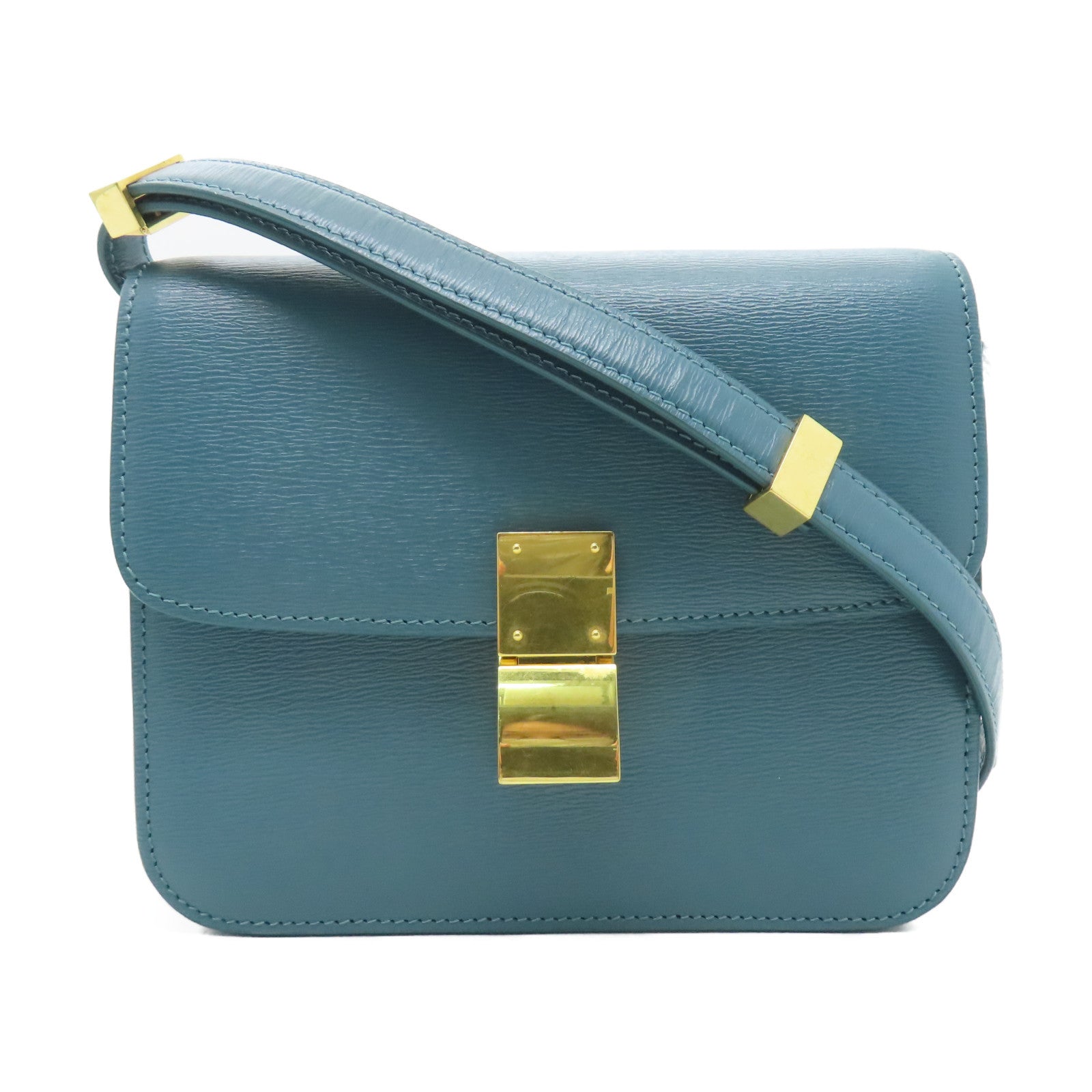 CELINE 牛皮皮革Classic Box金扣肩背袋藍綠色