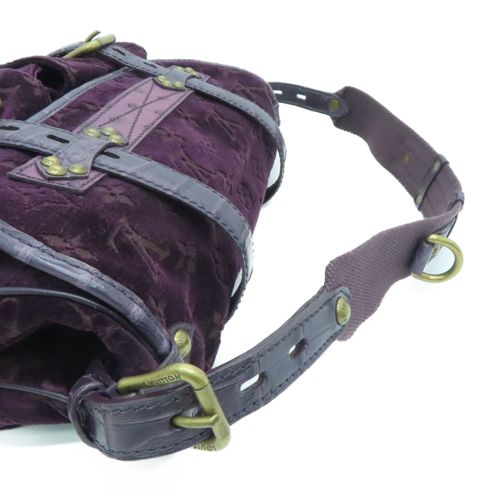 LOUIS VUITTON [Sharp discount] velvet / crocodile / ostrich leather Llyde Mon Shoulder gold buckle shoulder bag purple