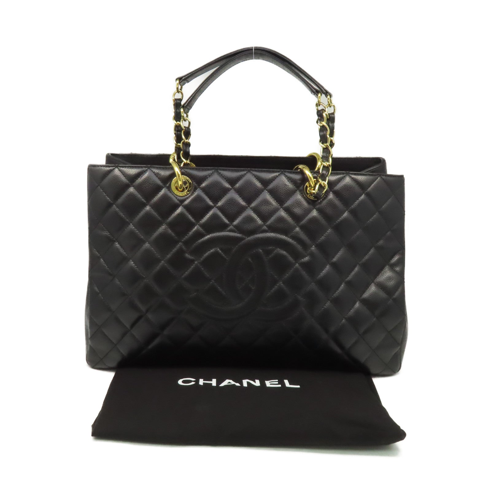 CHANEL 菱格Caviar皮革GST Chain Shoulder Bag金扣鏈帶肩背袋黑色