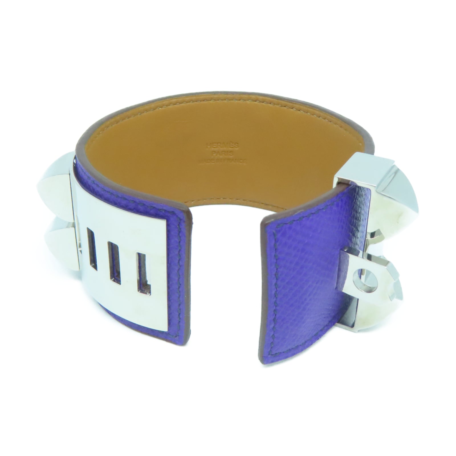 HERMES Epsom皮革/金属CDC Bracelet銀扣手鐲Violet紫色