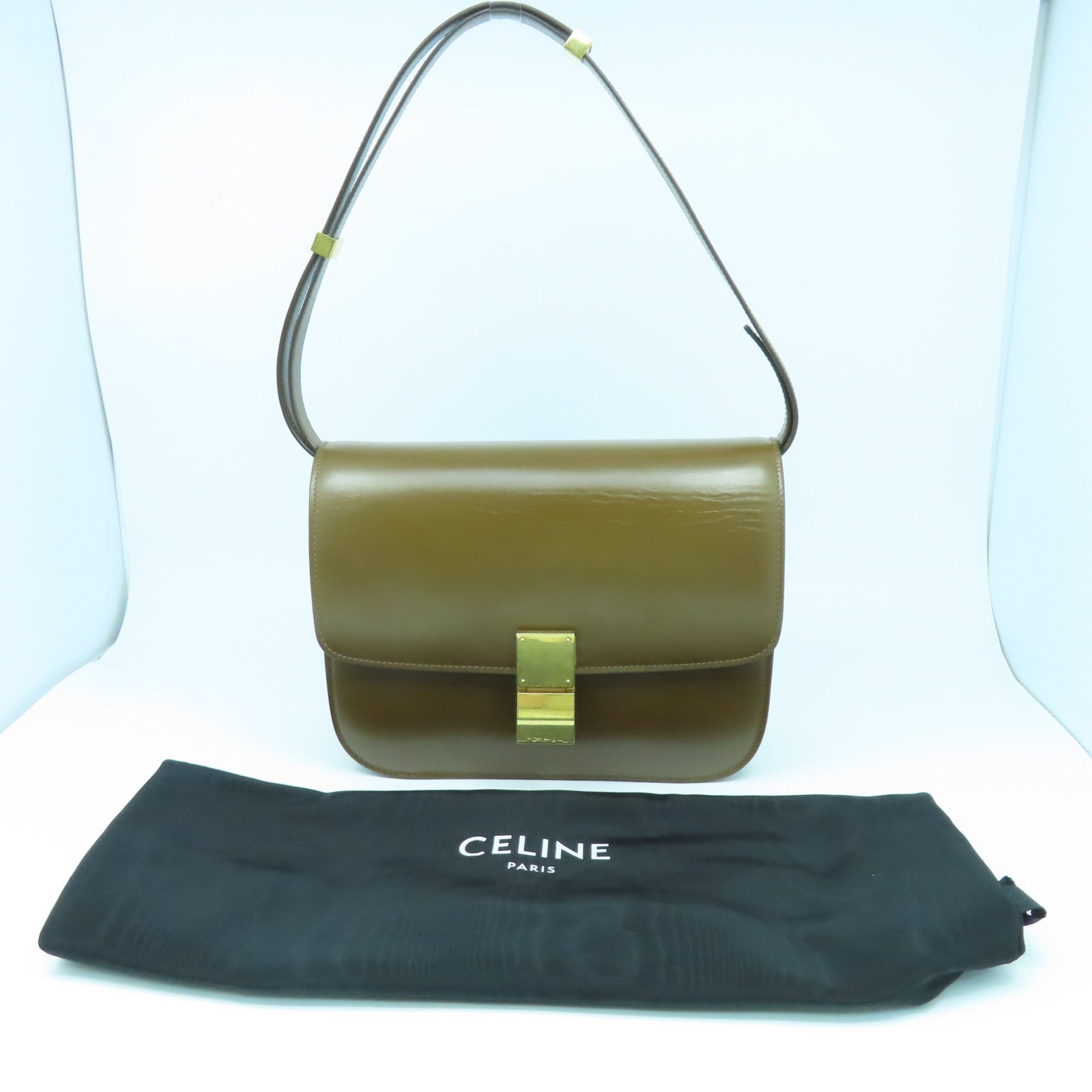 CELINE 牛皮皮革Medium Classic Box金扣肩背袋駱駝色