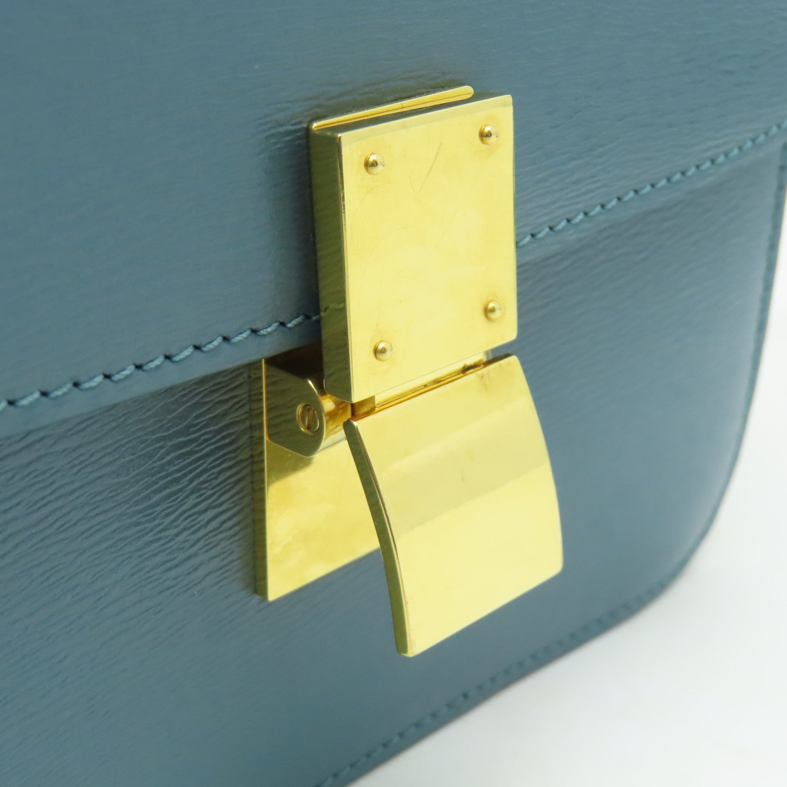 CELINE 牛皮皮革Classic Box金扣肩背袋藍綠色