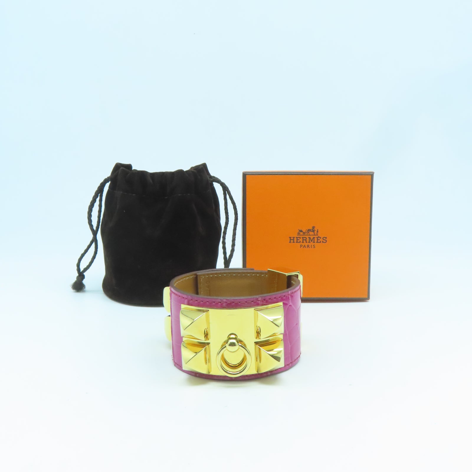 HERMES 鱷魚皮革CDC Bracelet金扣手鐲Rose Scheherazade天方夜譚紫色