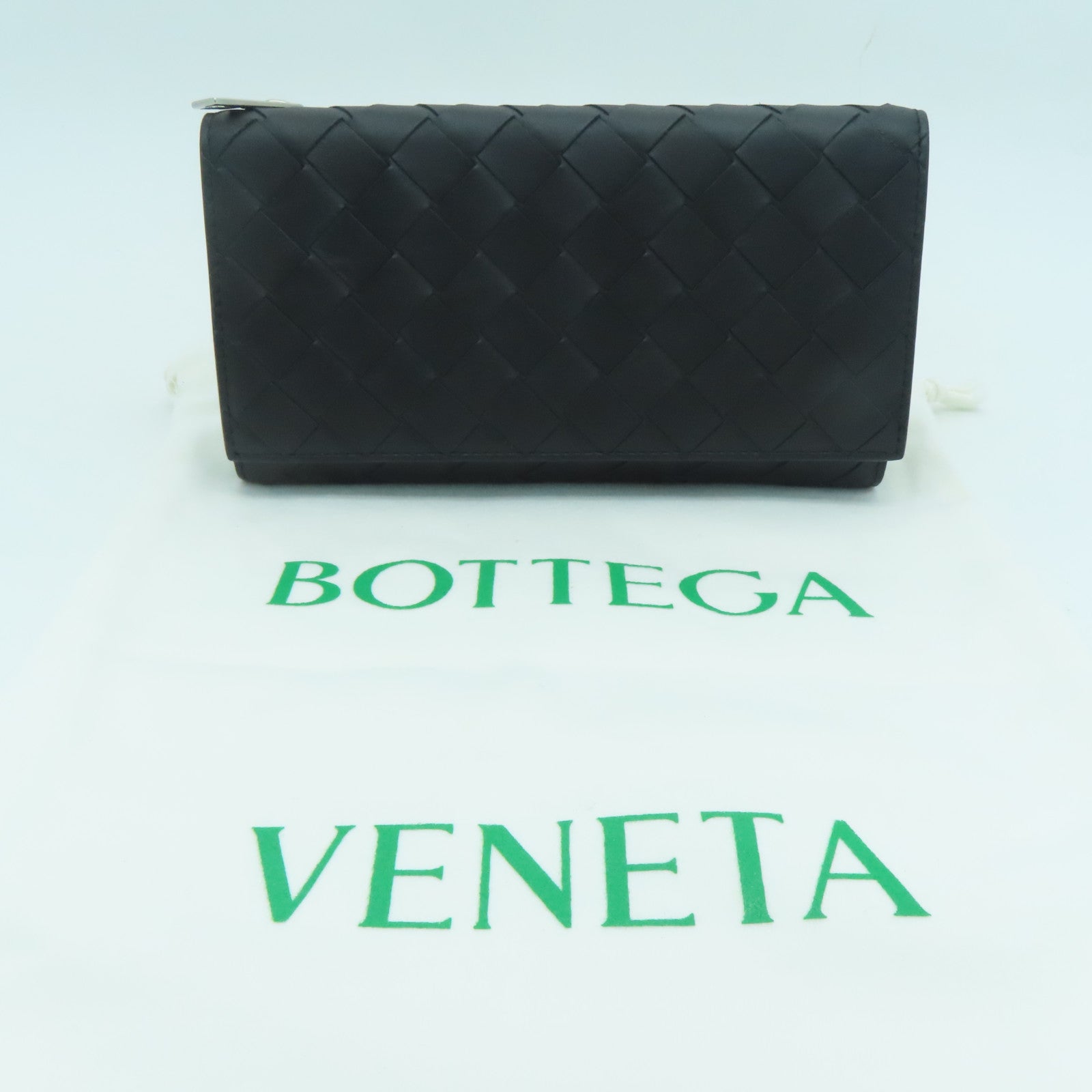 BOTTEGA VENETA Textured Leather Long Wallet Silver Buckle Long Wallet Black