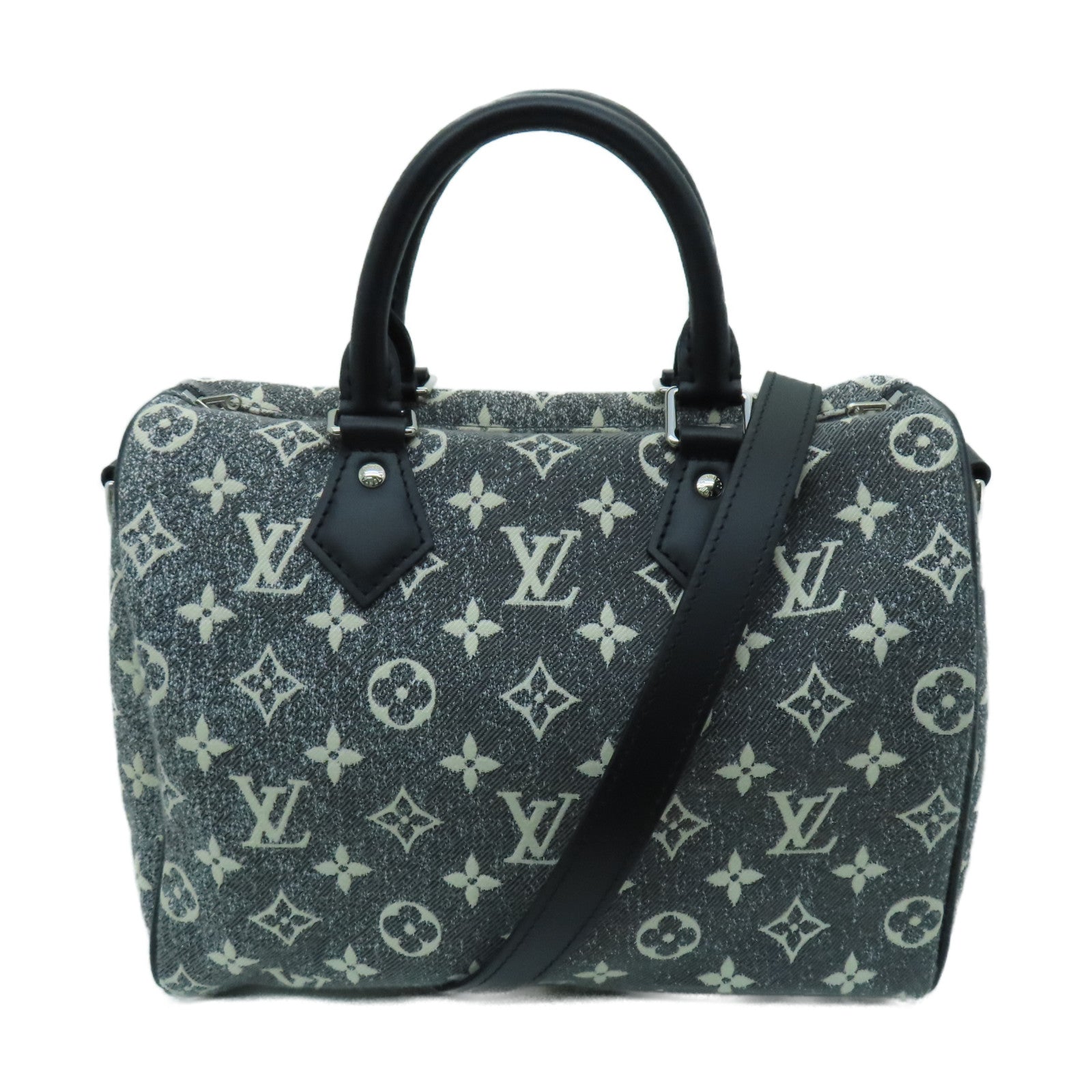 LOUIS VUITTON Monogram Jacquard Denim Speedy Bandouliere 25银扣手挽肩背两用袋灰色