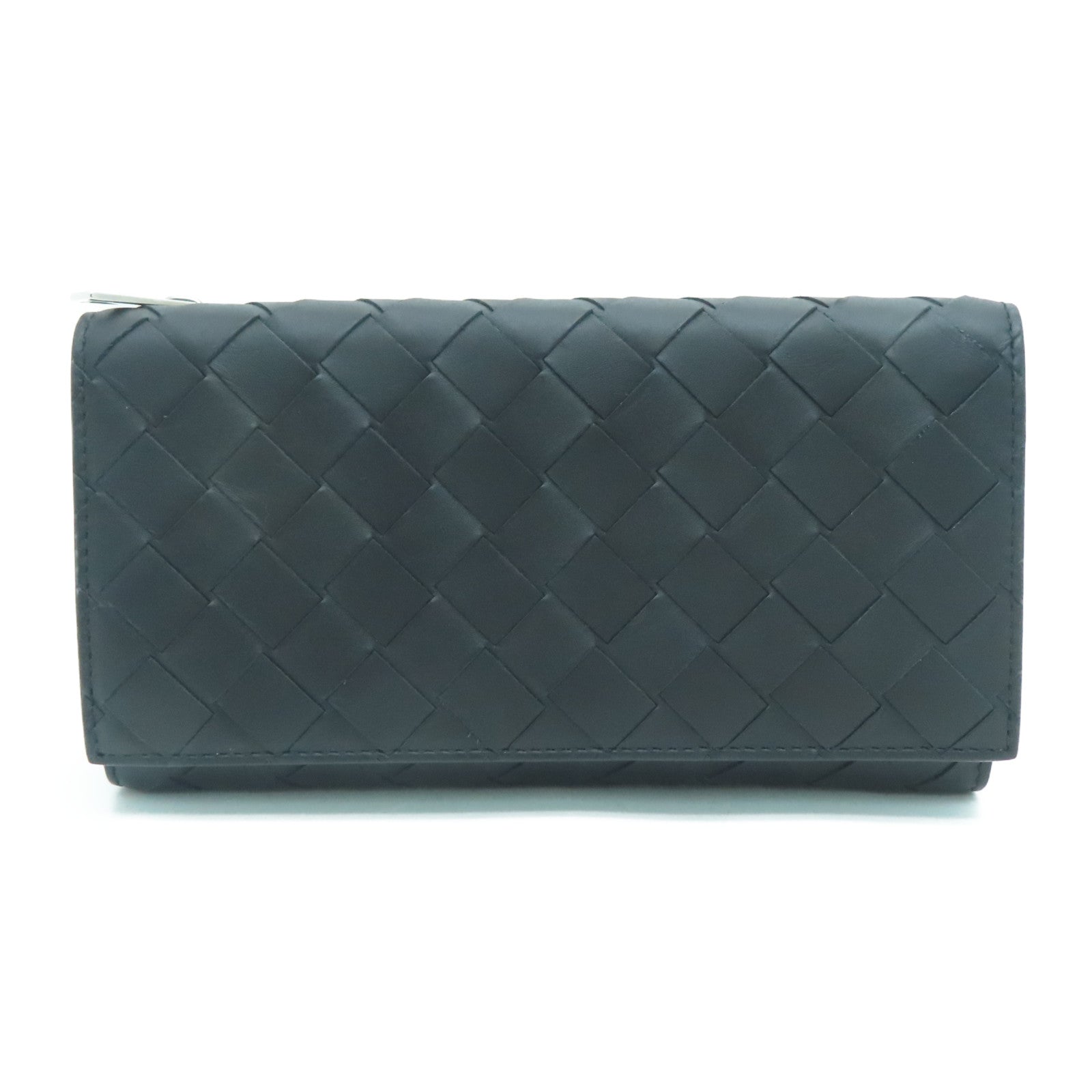 BOTTEGA VENETA Textured Leather Long Wallet Silver Buckle Long Wallet Black