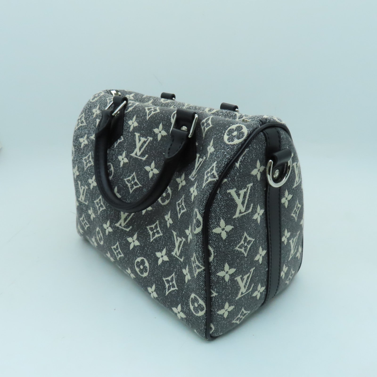 LOUIS VUITTON Monogram Jacquard Denim Speedy Bandouliere 25银扣手挽肩背两用袋灰色