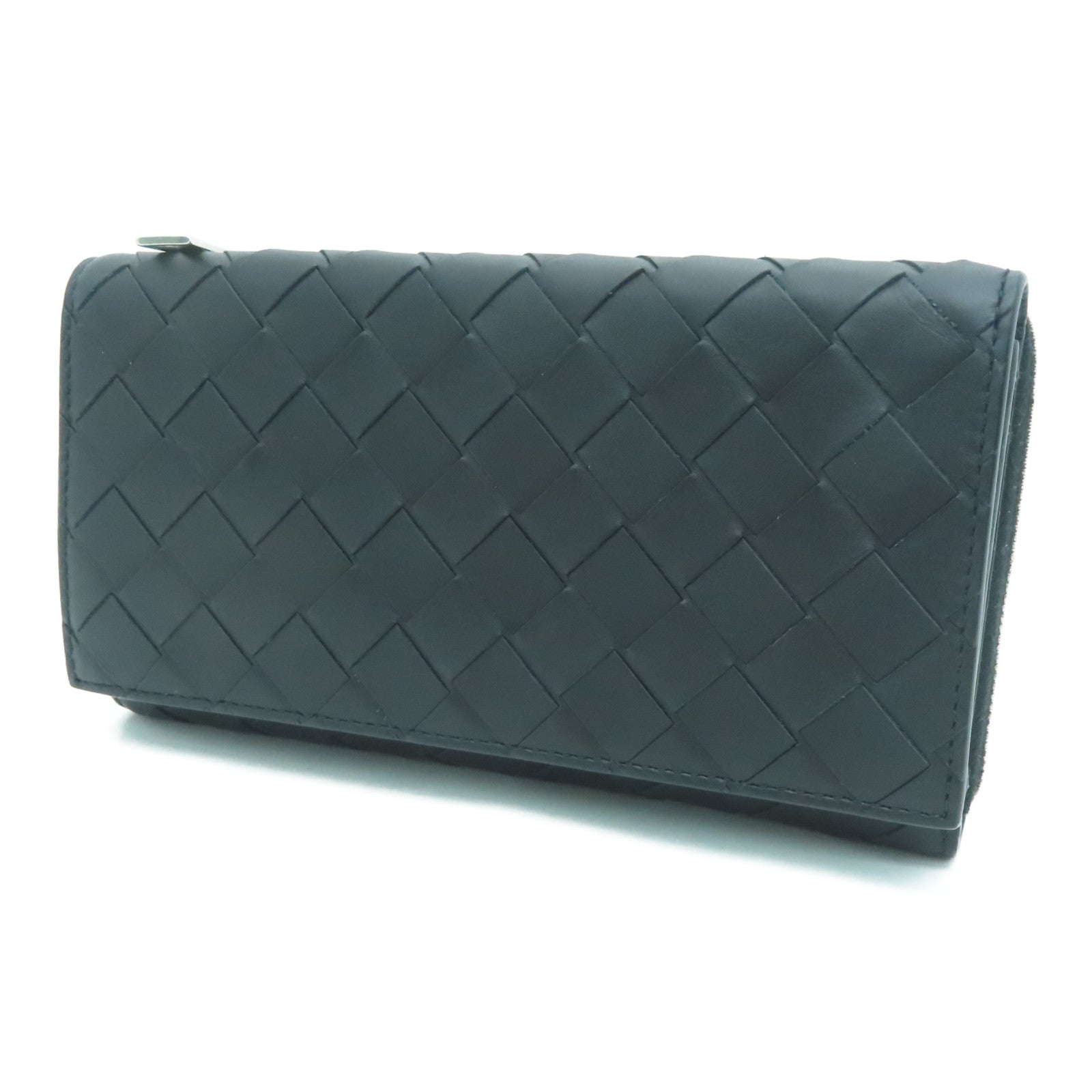BOTTEGA VENETA Textured Leather Long Wallet Silver Buckle Long Wallet Black