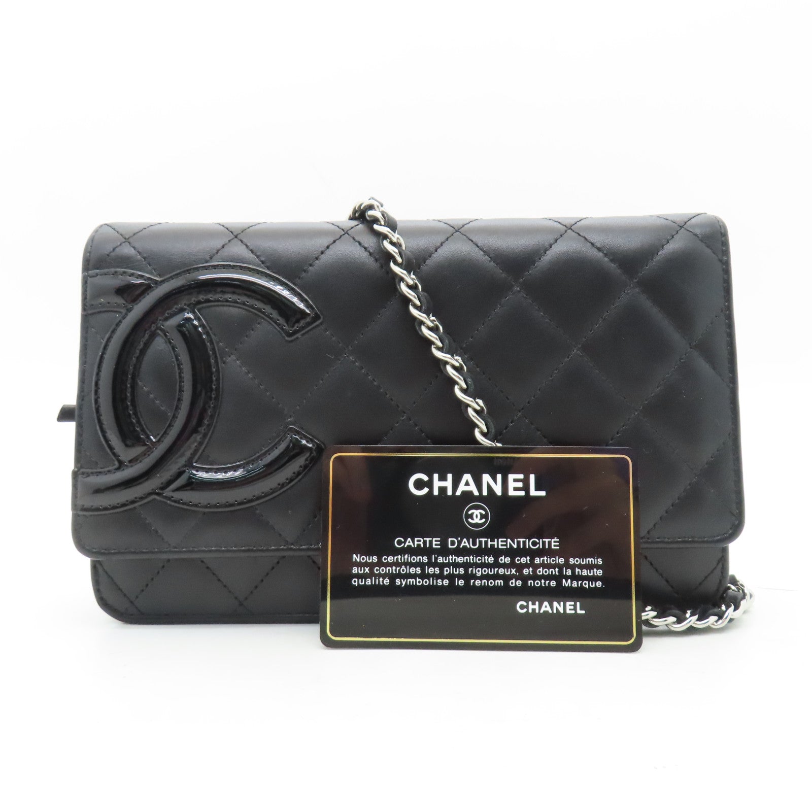 CHANEL 菱格牛皮革Cambon Line Chain Shoulder銀扣鏈帶肩背袋黑色