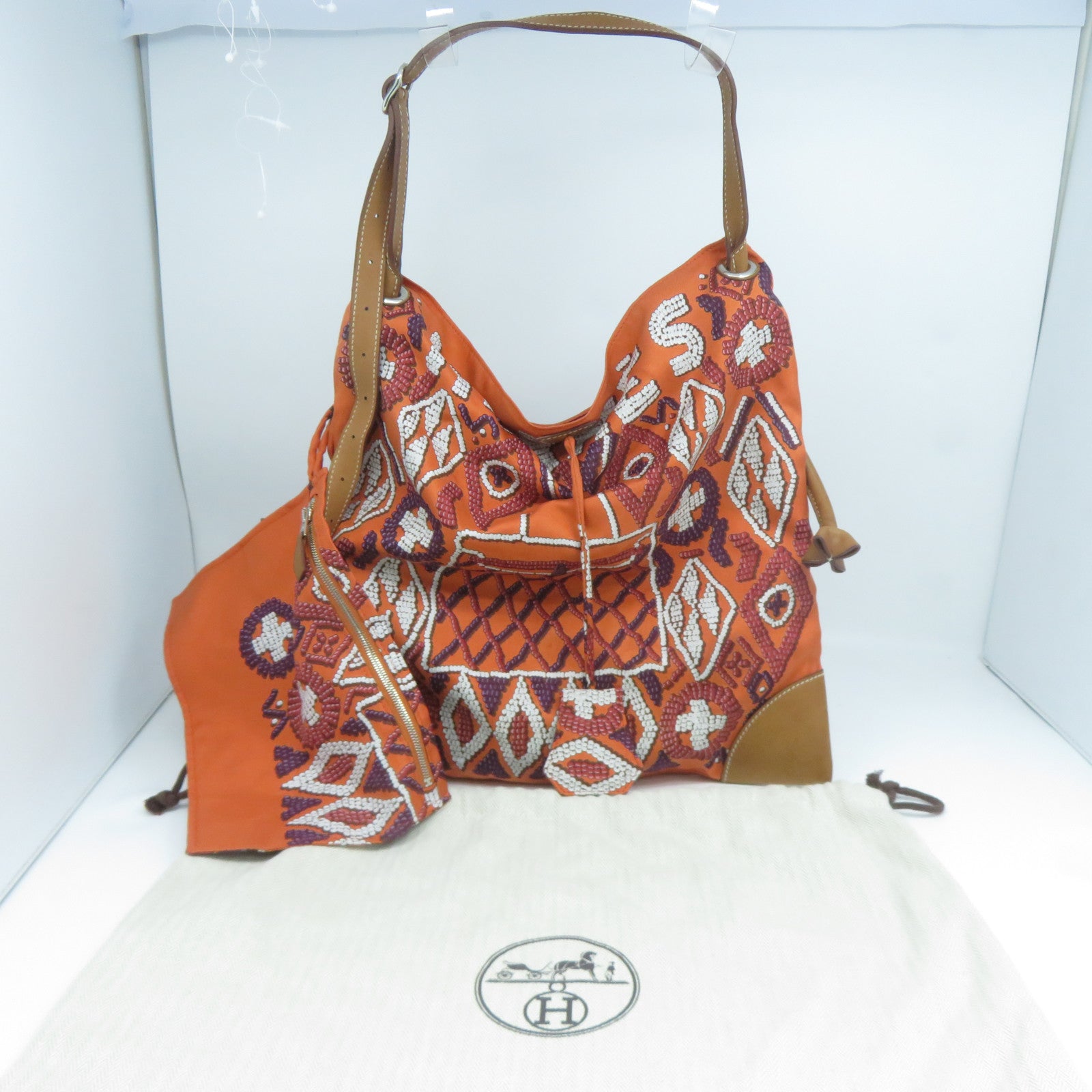 HERMES 絲質/皮革Silk In City銀扣肩背袋橙色/啡色
