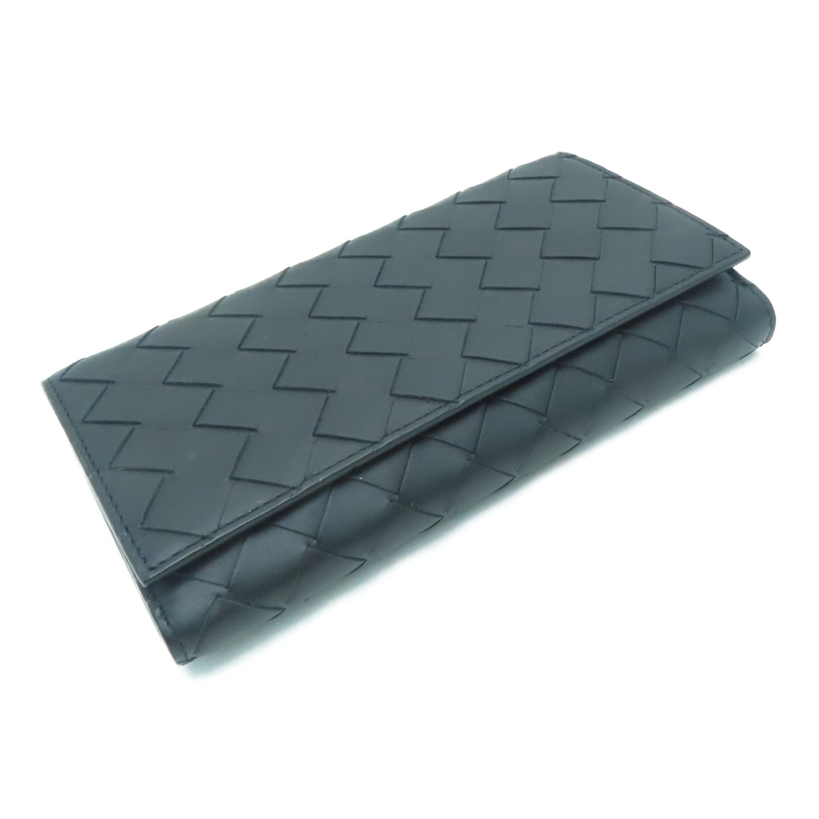 BOTTEGA VENETA Textured Leather Long Wallet Silver Buckle Long Wallet Black