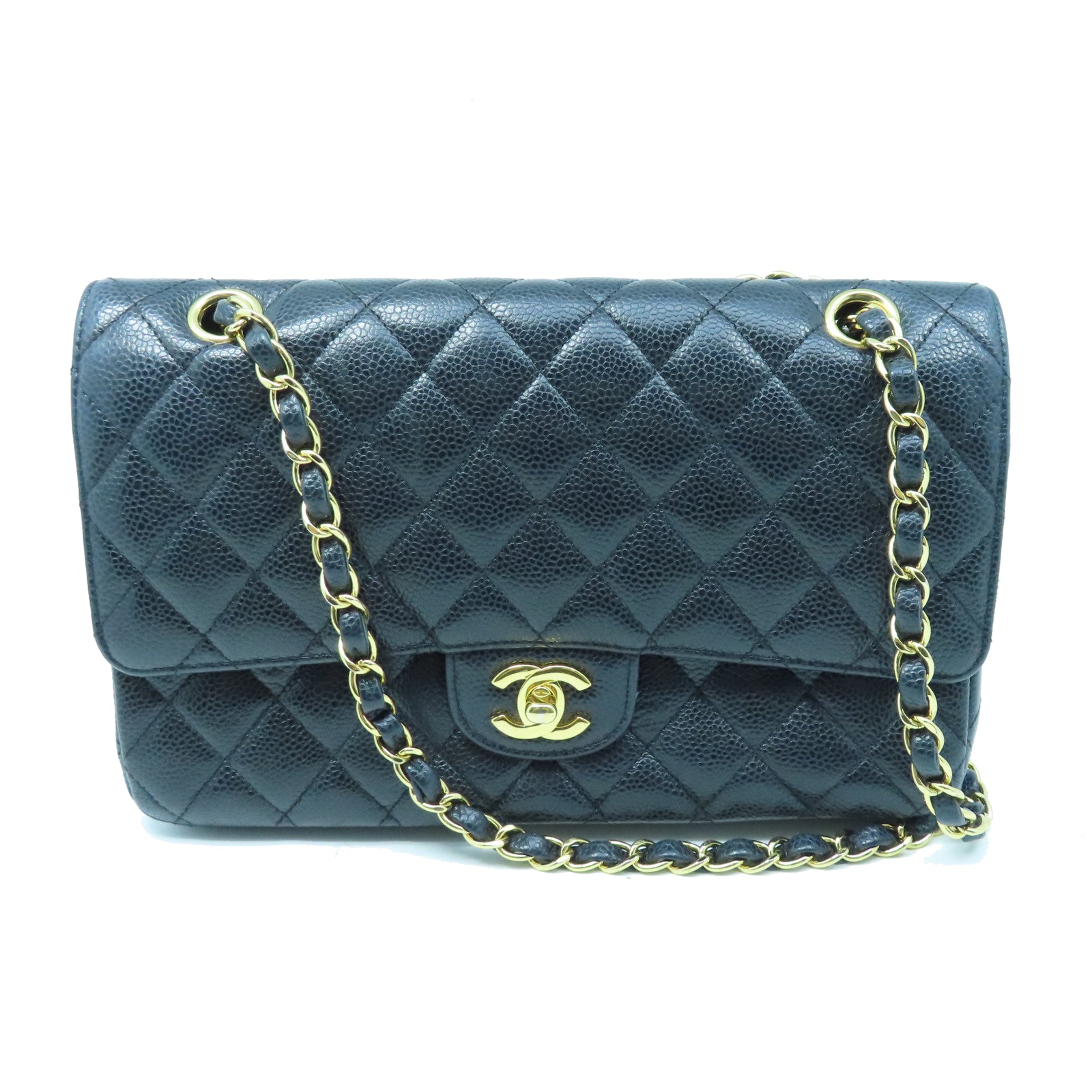 CHANEL 菱格Caviar皮革Classic 25cm金扣鏈帶肩背袋黑色