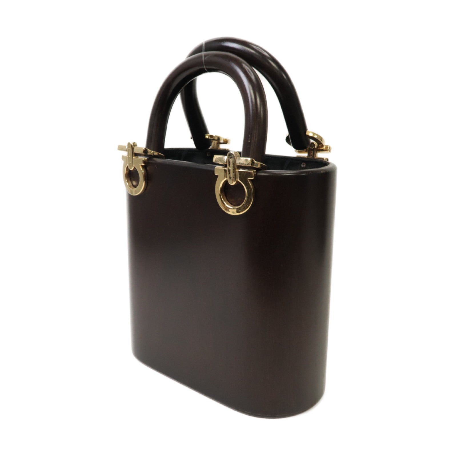 Salvatore Ferragamo 木質Gancini Bucket Bag金扣手挽袋啡色