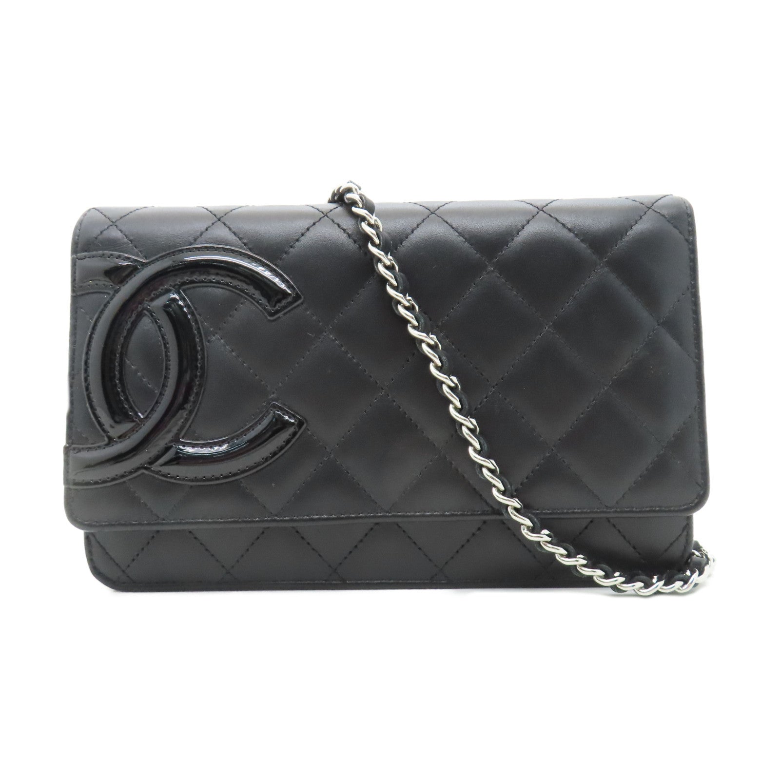 CHANEL 菱格牛皮革Cambon Line Chain Shoulder銀扣鏈帶肩背袋黑色