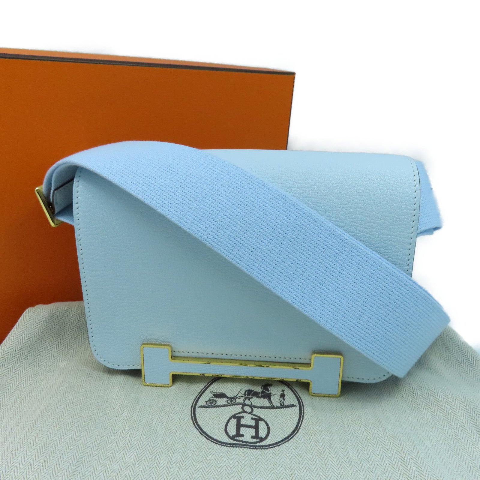 HERMES 山羊皮皮革Geta金扣肩背袋Blue Brume浅蓝色