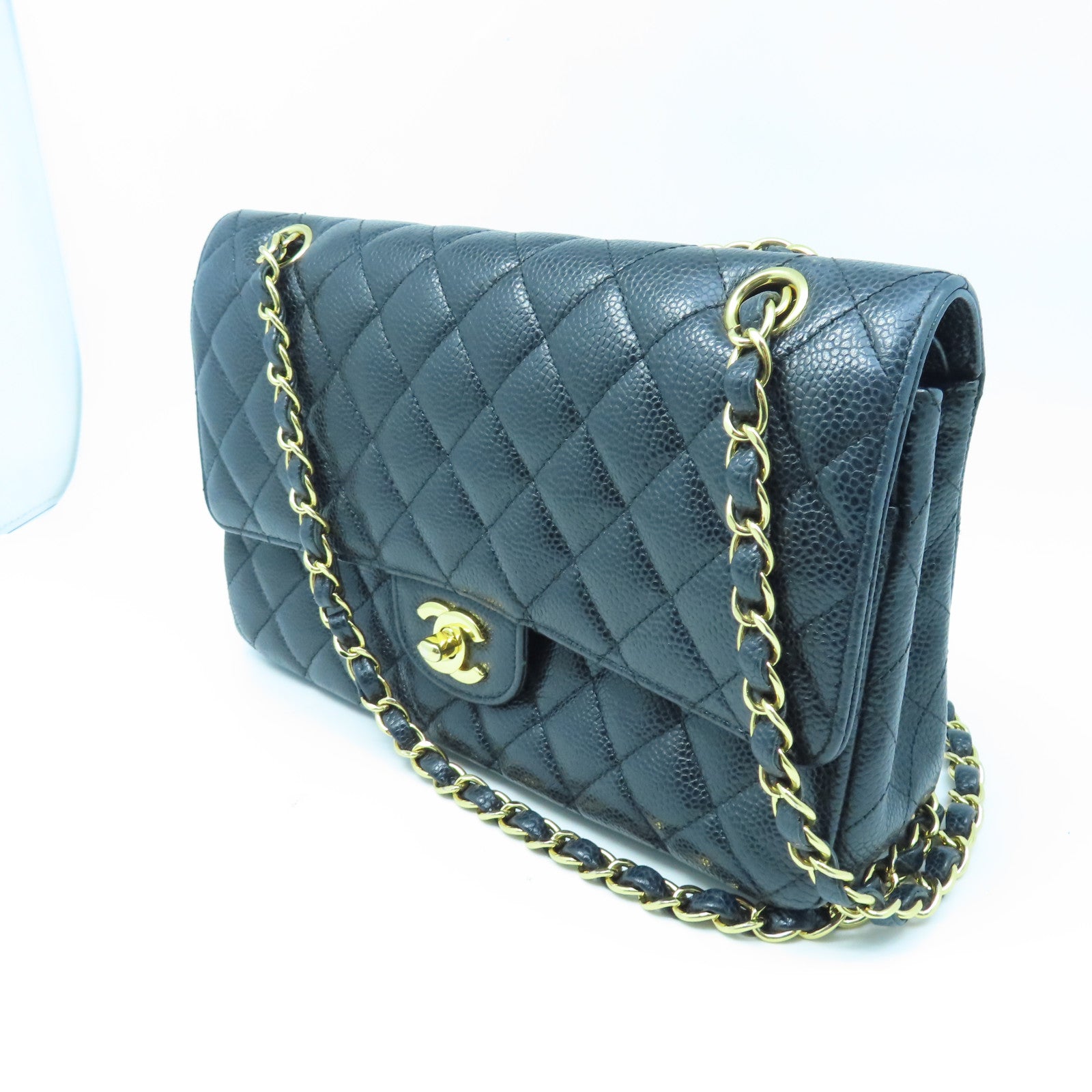 CHANEL 菱格Caviar皮革Classic 25cm金扣鏈帶肩背袋黑色