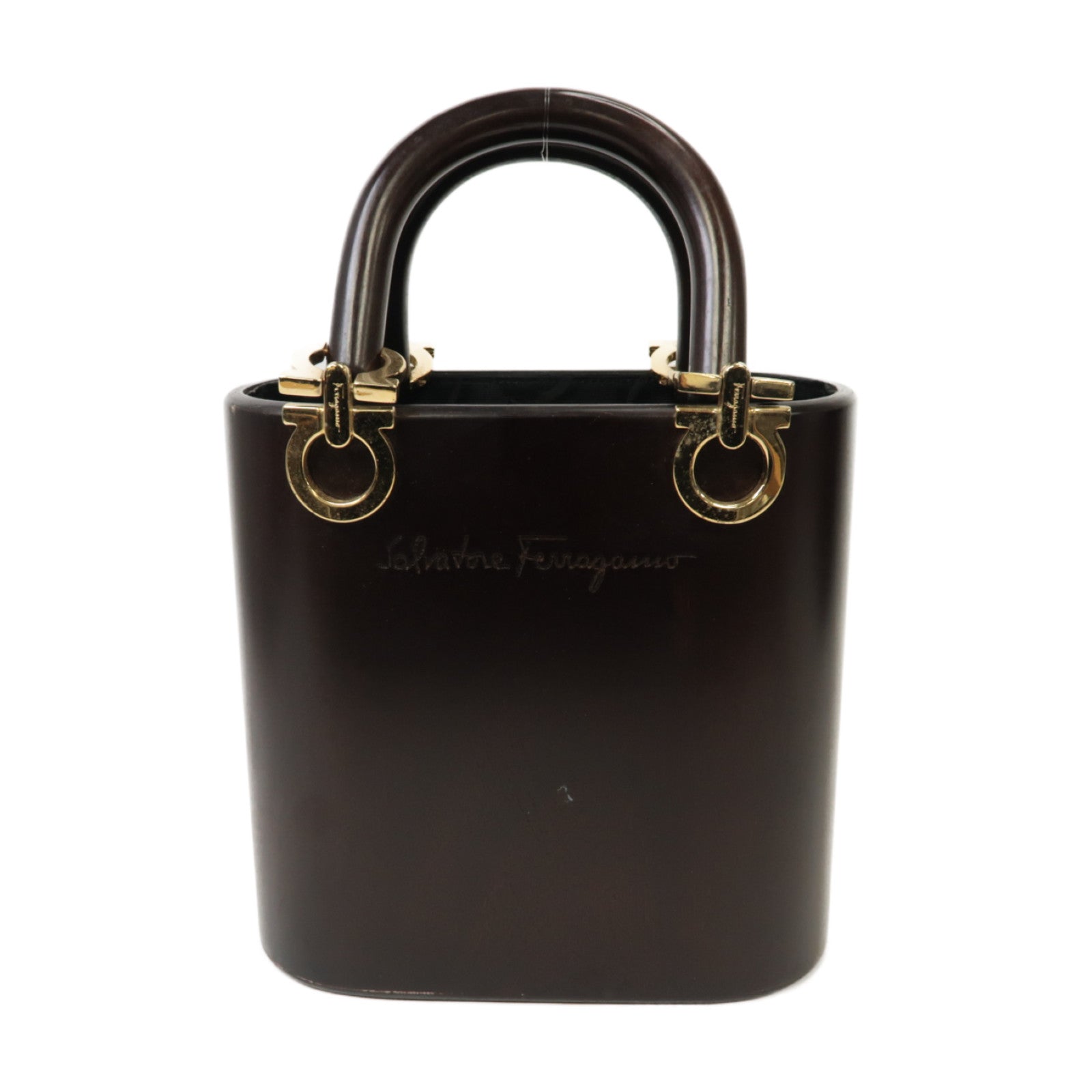 Salvatore Ferragamo 木質Gancini Bucket Bag金扣手挽袋啡色