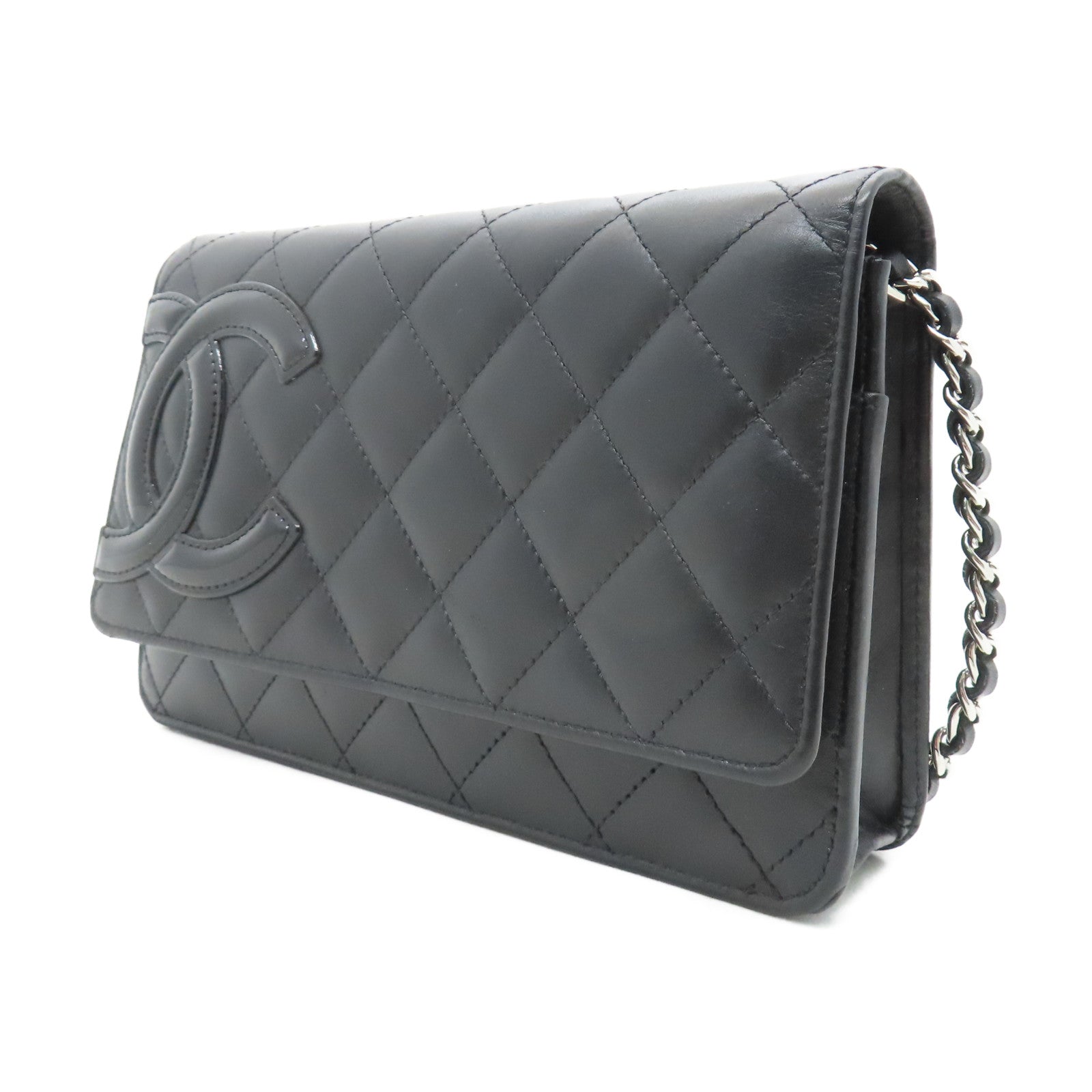 CHANEL 菱格牛皮革Cambon Line Chain Shoulder銀扣鏈帶肩背袋黑色