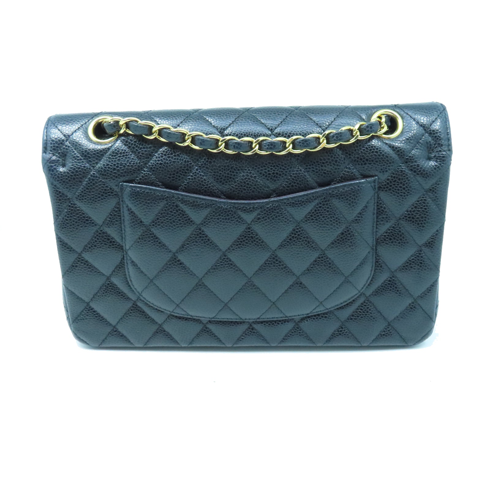 CHANEL 菱格Caviar皮革Classic 25cm金扣鏈帶肩背袋黑色