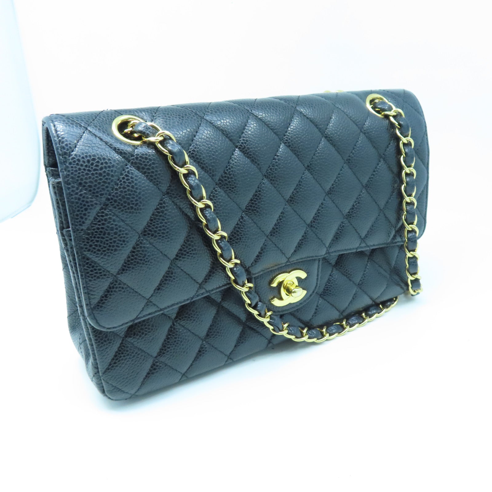 CHANEL 菱格Caviar皮革Classic 25cm金扣鏈帶肩背袋黑色