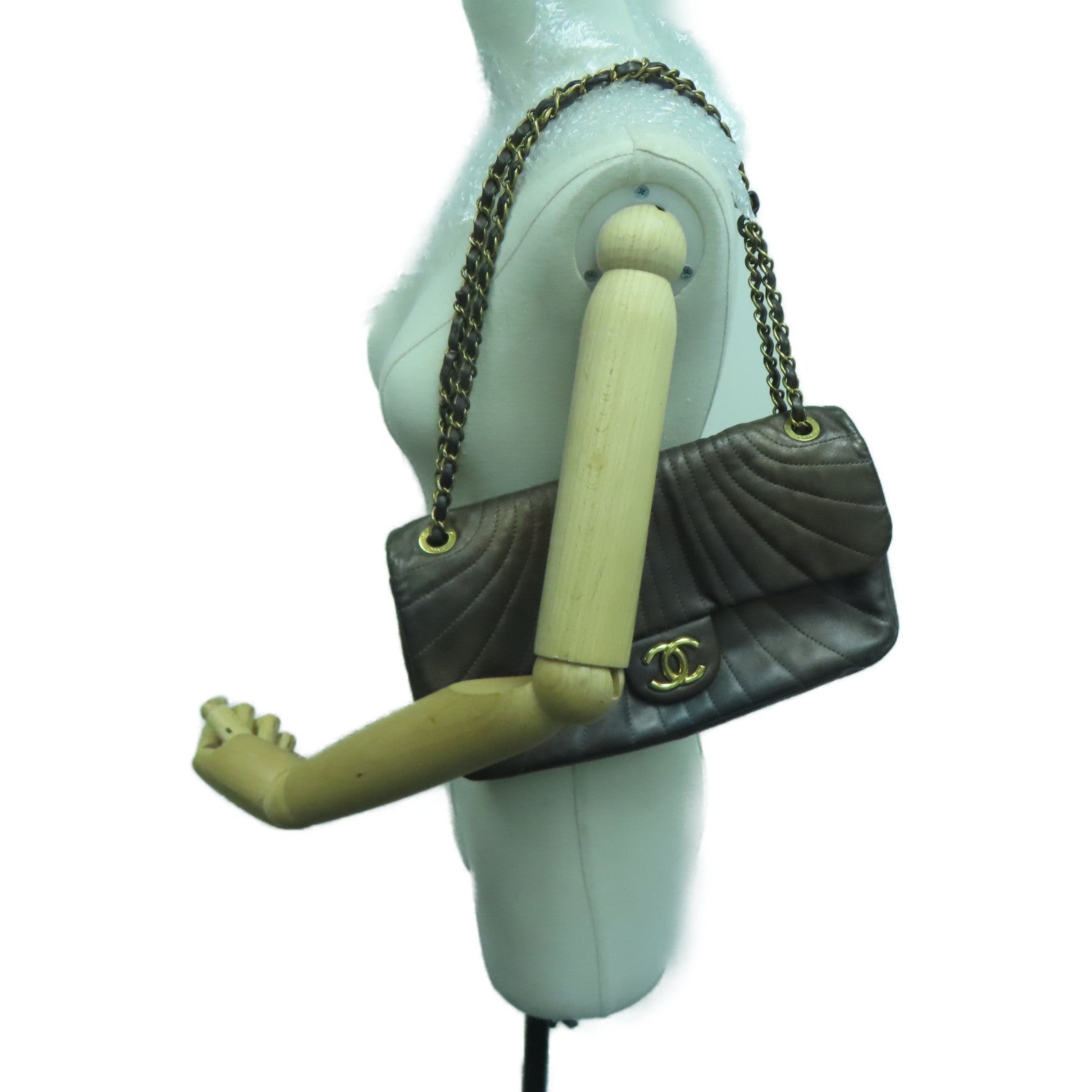 CHANEL 斜紋羊皮皮革Chain Shoulder Bag金扣鏈帶肩背袋啡色
