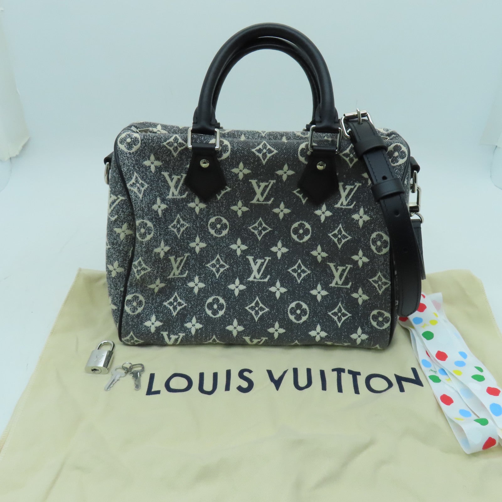 LOUIS VUITTON Monogram Jacquard Denim Speedy Bandouliere 25银扣手挽肩背两用袋灰色