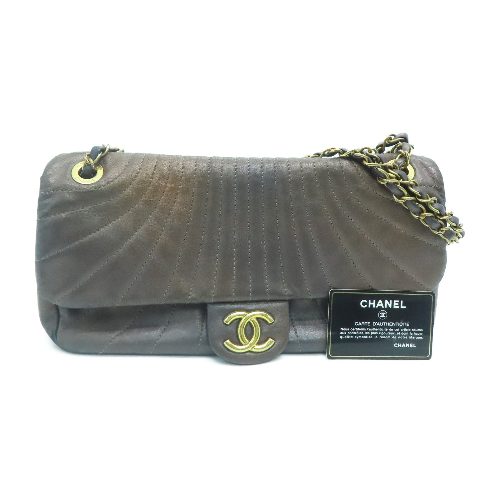 CHANEL 斜紋羊皮皮革Chain Shoulder Bag金扣鏈帶肩背袋啡色