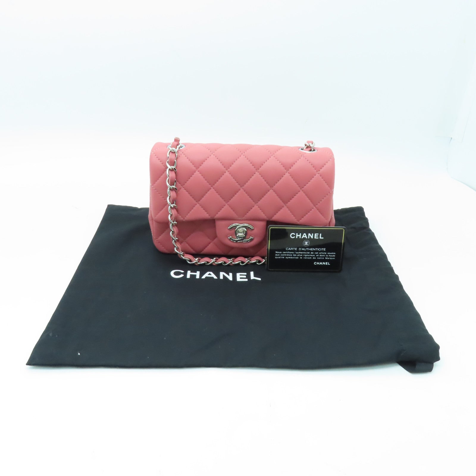 CHANEL 菱格羊皮皮革Classic 20cm銀扣鏈帶肩背袋粉紅色