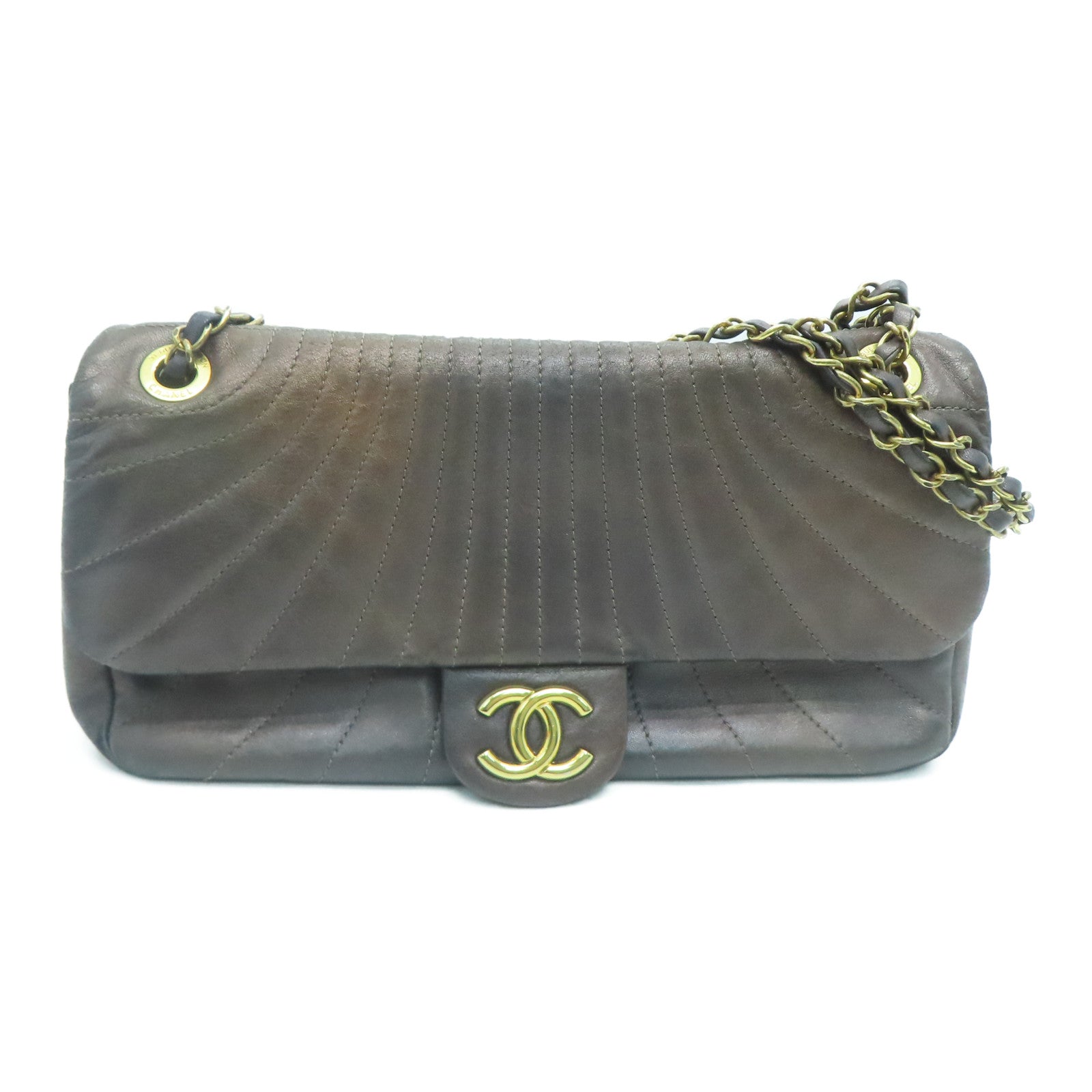 CHANEL 斜紋羊皮皮革Chain Shoulder Bag金扣鏈帶肩背袋啡色