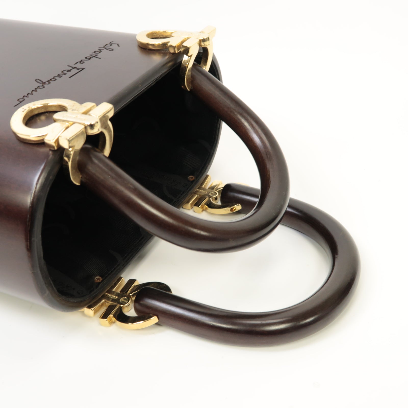 Salvatore Ferragamo 木質Gancini Bucket Bag金扣手挽袋啡色