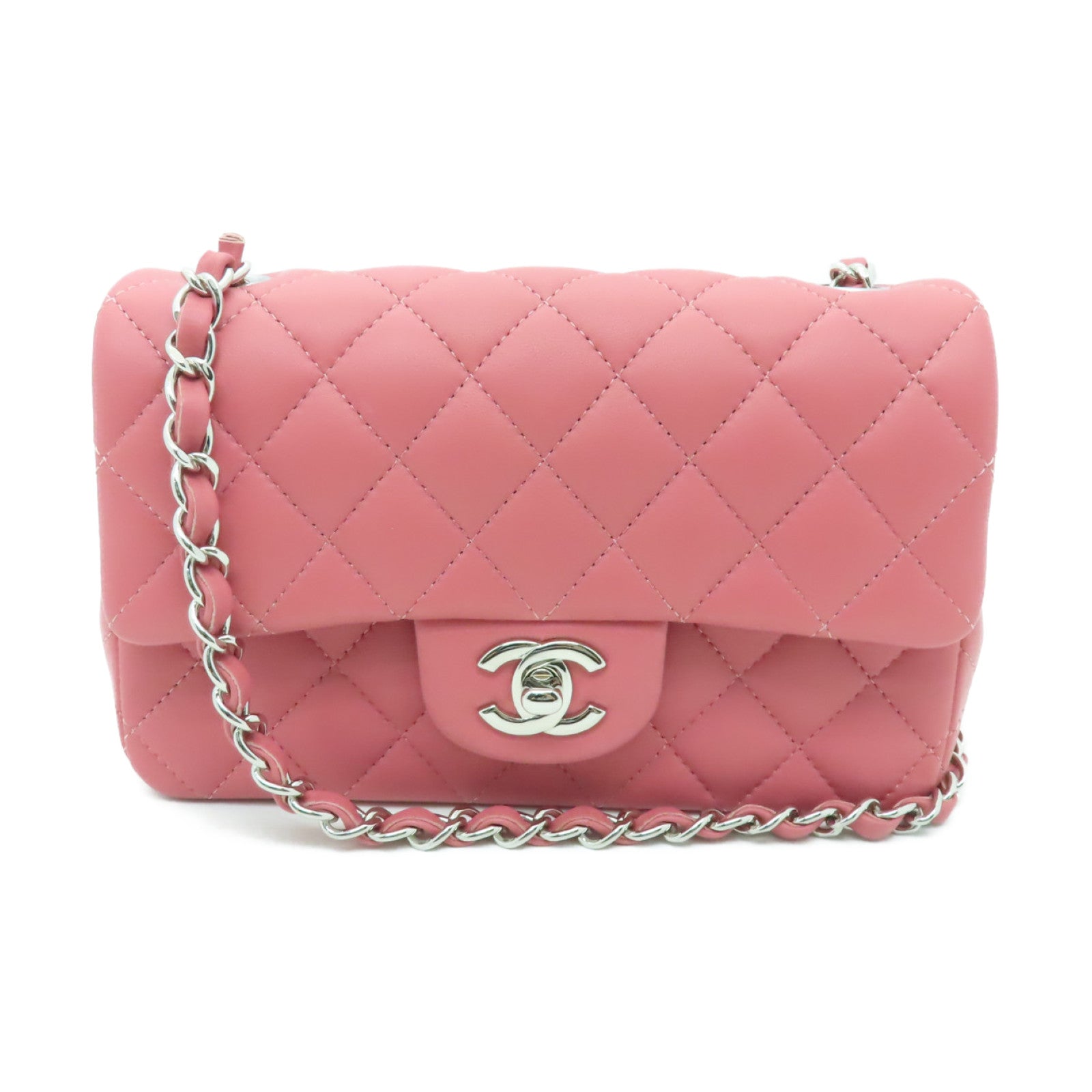 CHANEL 菱格羊皮皮革Classic 20cm銀扣鏈帶肩背袋粉紅色
