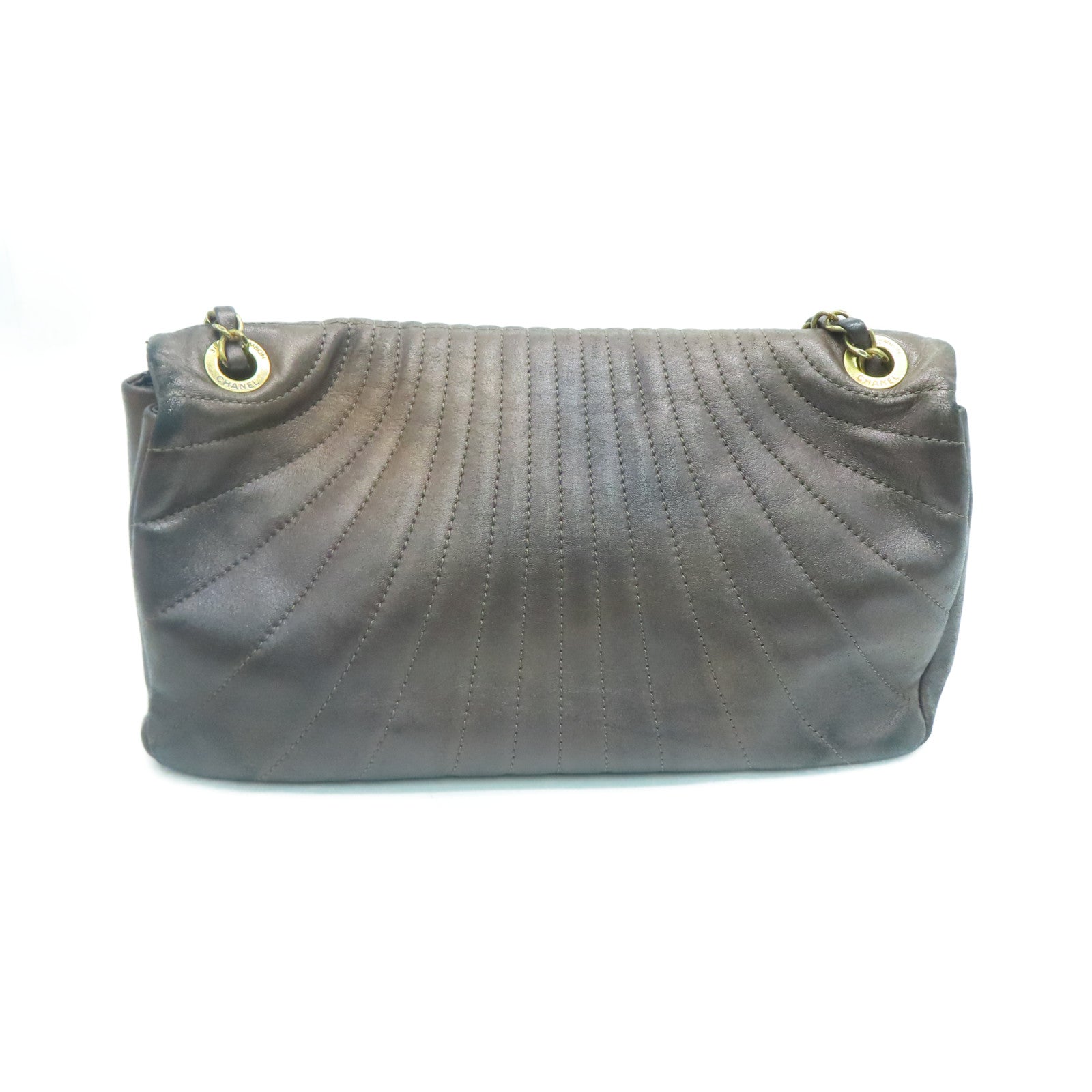 CHANEL 斜紋羊皮皮革Chain Shoulder Bag金扣鏈帶肩背袋啡色
