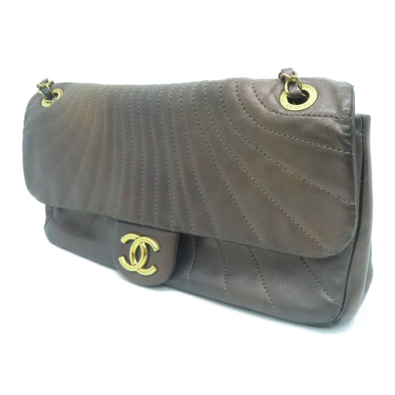 CHANEL 斜紋羊皮皮革Chain Shoulder Bag金扣鏈帶肩背袋啡色