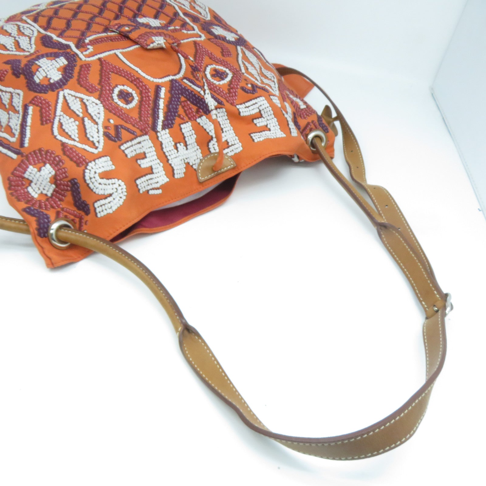HERMES 絲質/皮革Silk In City銀扣肩背袋橙色/啡色