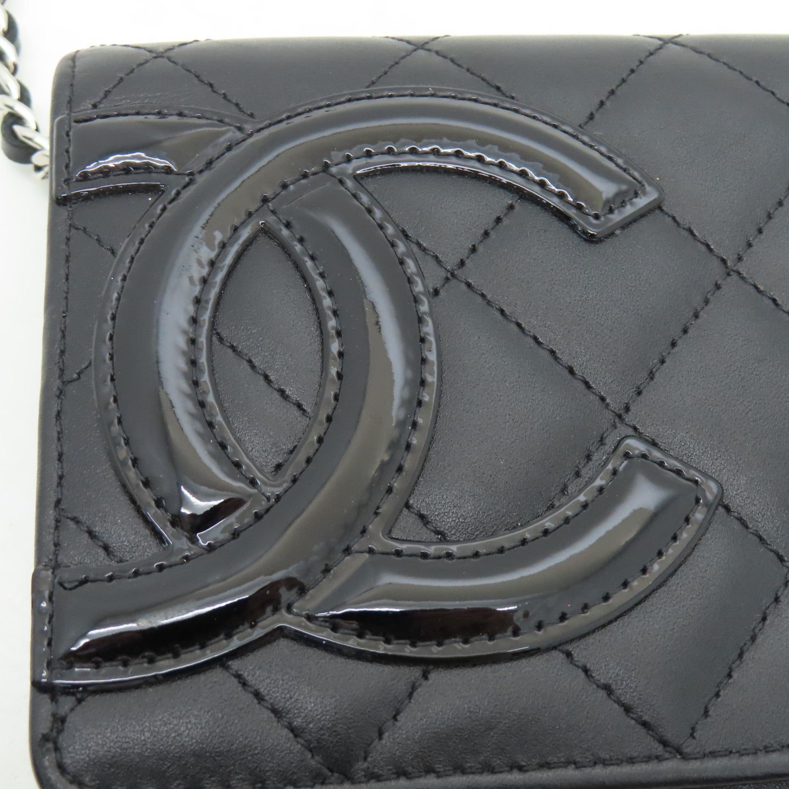CHANEL 菱格牛皮革Cambon Line Chain Shoulder銀扣鏈帶肩背袋黑色