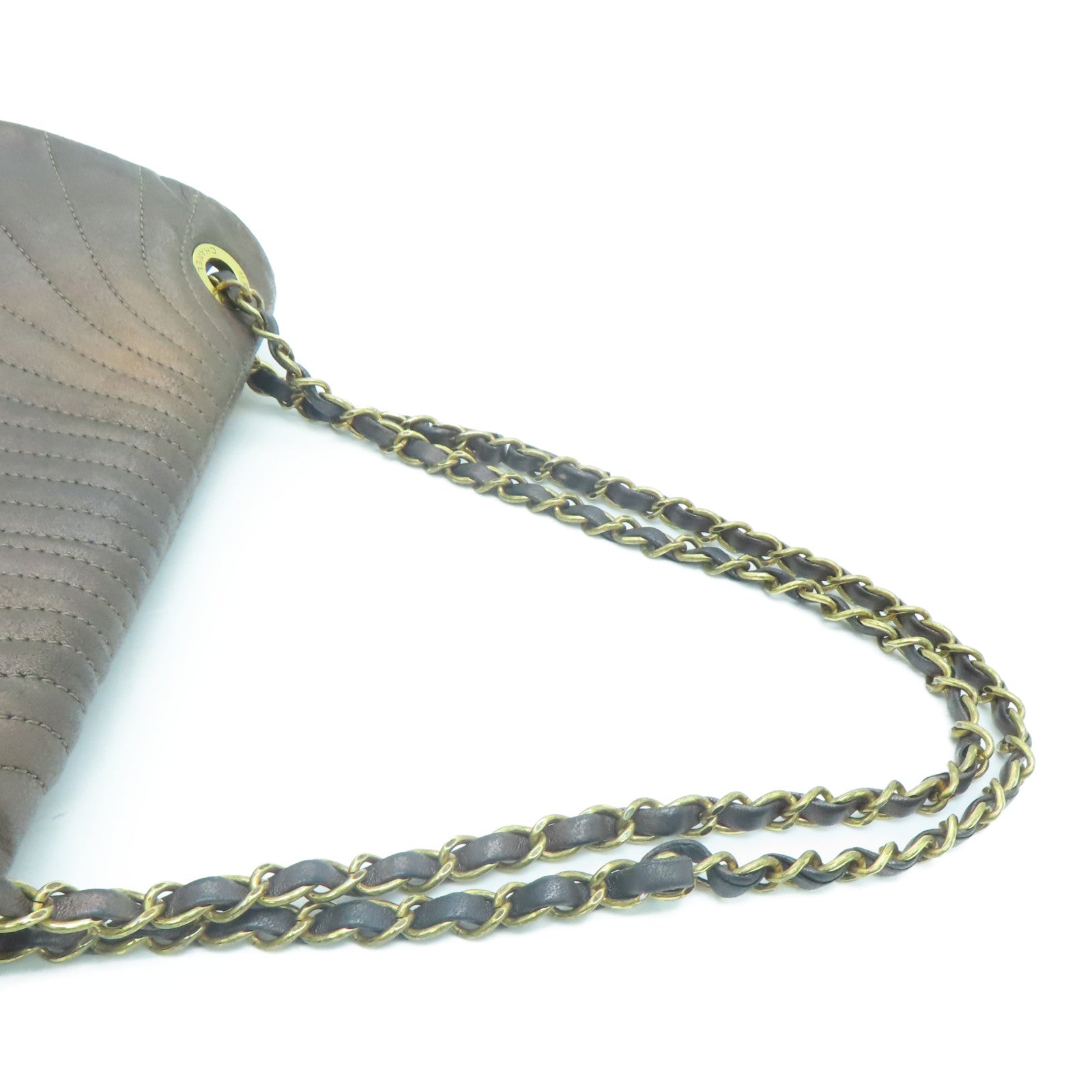CHANEL 斜紋羊皮皮革Chain Shoulder Bag金扣鏈帶肩背袋啡色