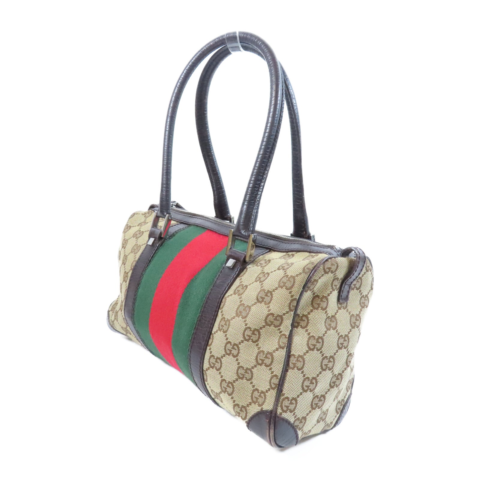 GUCCI 帆布Boston Bag銀扣肩背袋啡色