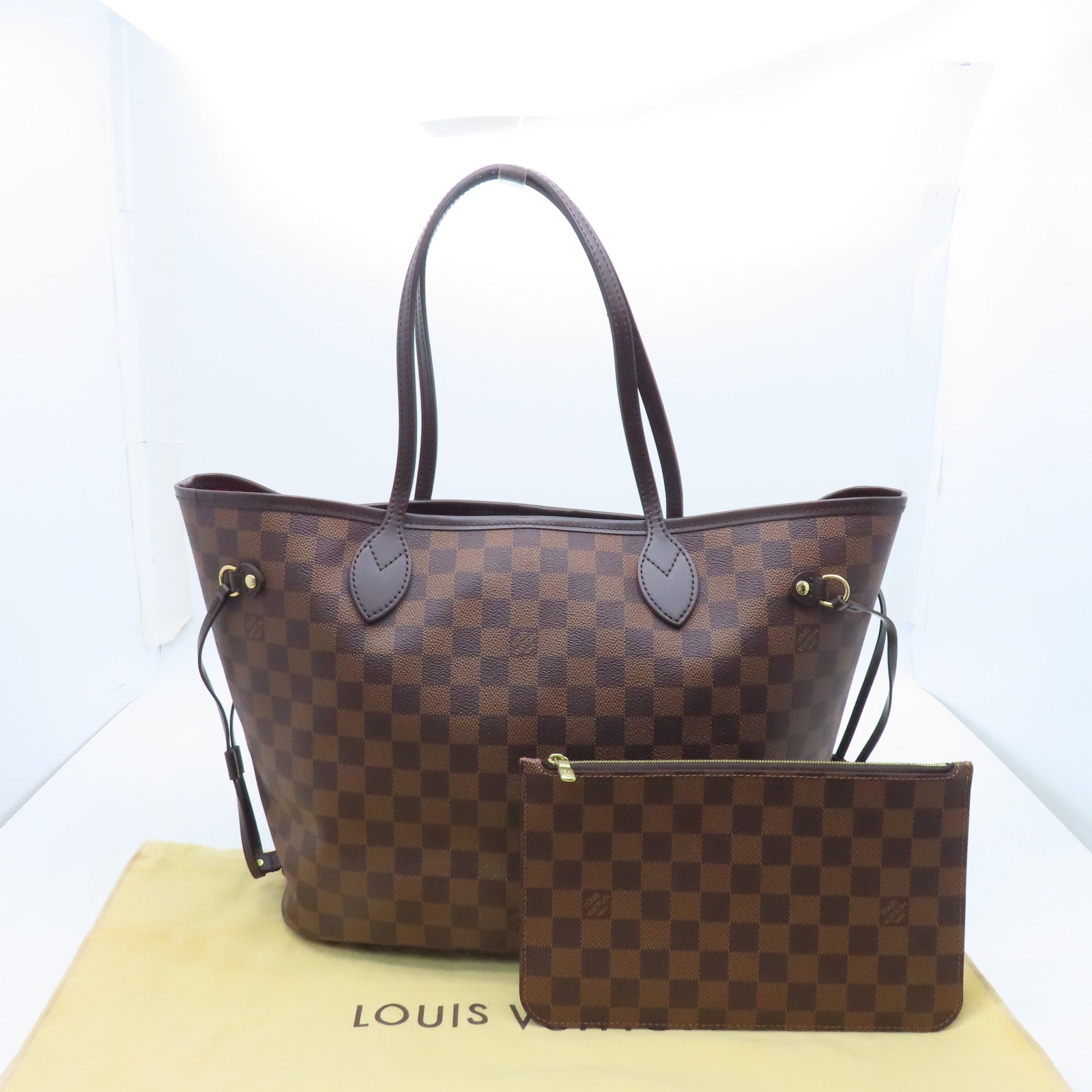LOUIS VUITTON Damier Neverfull MM Gold Buckle Shoulder Bag Brown