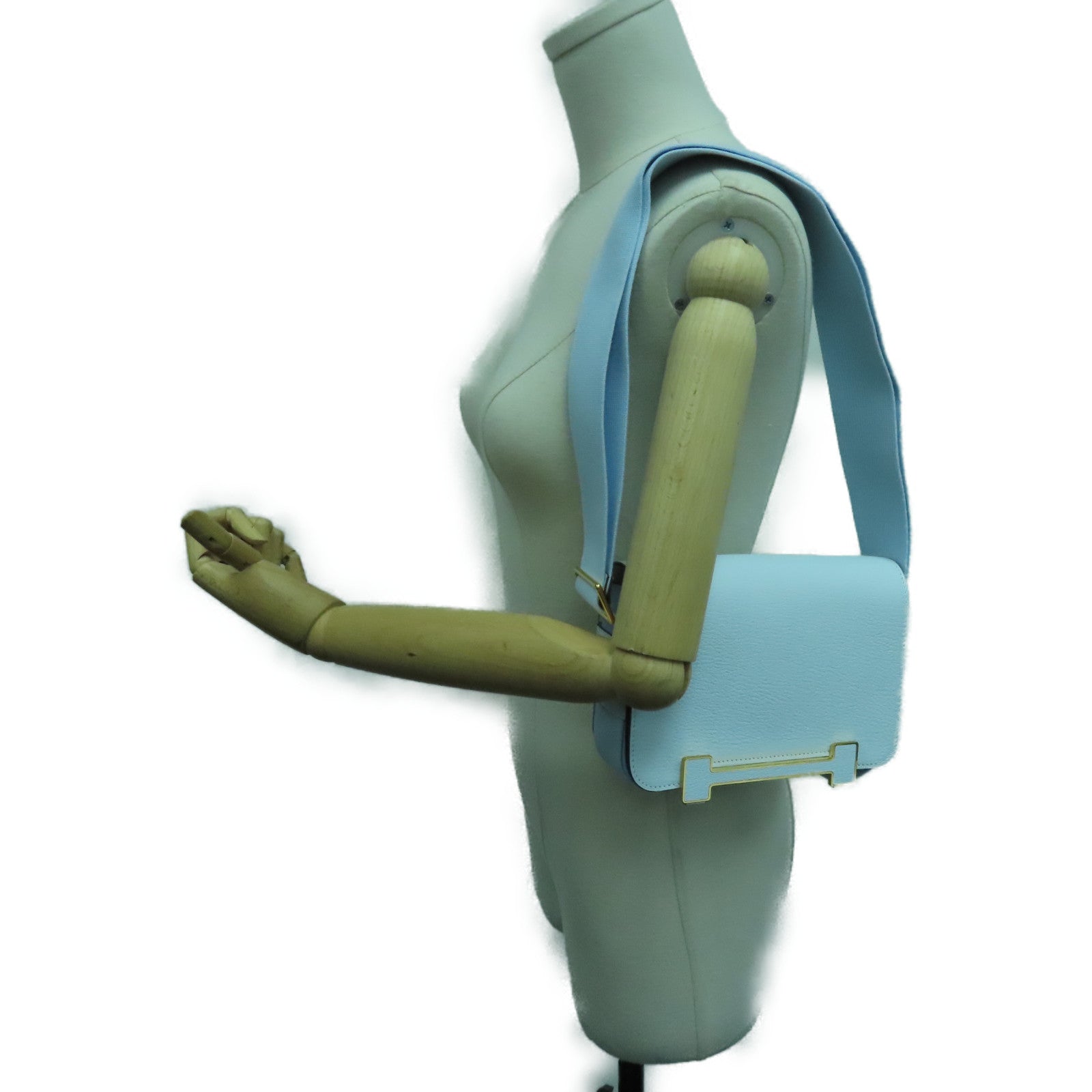 HERMES 山羊皮皮革Geta金扣肩背袋Blue Brume浅蓝色