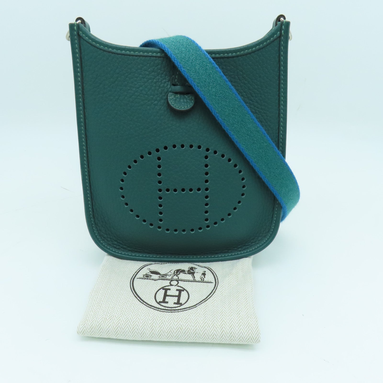HERMES Clemence皮革Evelyne TPM銀扣肩背袋飽和綠色