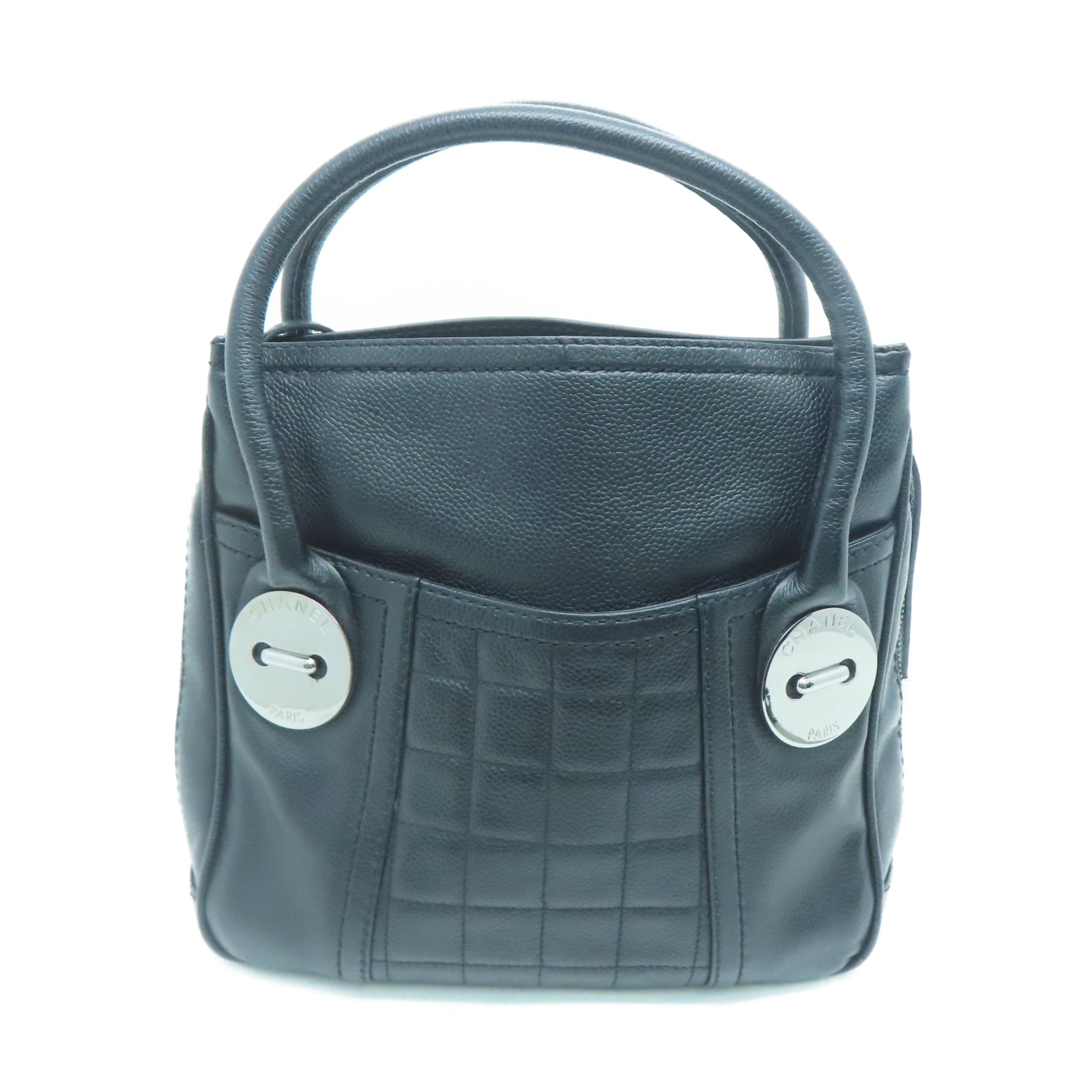 CHANEL 牛皮皮革Handbag银扣手挽袋黑色